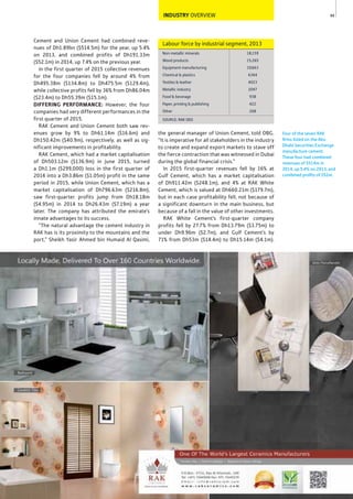 49
Four of the seven RAK
ﬁrms listed on the Abu
Dhabi Securities Exchange
manufacture cement.
These four had combined
revenues of $514m in
2014, up 5.4% on 2013, and
combined proﬁts of $52m.
INDUSTRY OVERVIEW
the general manager of Union Cement, told OBG.
“It is imperative for all stakeholders in the industry
to create and expand export markets to stave off
the fierce contraction that was witnessed in Dubai
during the global financial crisis.”
In 2015 first-quarter revenues fell by 16% at
Gulf Cement, which has a market capitalisation
of Dh911.42m ($248.1m), and 4% at RAK White
Cement, which is valued at Dh660.21m ($179.7m),
but in each case profitability fell, not because of
a significant downturn in the main business, but
because of a fall in the value of other investments.
RAK White Cement’s first-quarter company
profits fell by 27.7% from Dh13.79m ($3.75m) to
under Dh9.96m ($2.7m), and Gulf Cement’s by
71% from Dh53m ($14.4m) to Dh15.14m ($4.1m).
Cement and Union Cement had combined reve-
nues of Dh1.89bn ($514.5m) for the year, up 5.4%
on 2013, and combined profits of Dh191.33m
($52.1m) in 2014, up 7.4% on the previous year.
In the first quarter of 2015 collective revenues
for the four companies fell by around 4% from
Dh495.38m ($134.8m) to Dh475.5m ($129.4m),
while collective profits fell by 36% from Dh86.04m
($23.4m) to Dh55.39m ($15.1m).
DIFFERING PERFORMANCE: However, the four
companies had very different performances in the
first quarter of 2015.
RAK Cement and Union Cement both saw rev-
enues grow by 9% to Dh61.14m ($16.6m) and
Dh150.42m ($40.9m), respectively, as well as sig-
nificant improvements in profitability.
RAK Cement, which had a market capitalisation
of Dh503.12m ($136.9m) in June 2015, turned
a Dh1.1m ($299,000) loss in the first quarter of
2014 into a Dh3.86m ($1.05m) profit in the same
period in 2015, while Union Cement, which has a
market capitalisation of Dh796.63m ($216.8m),
saw first-quarter profits jump from Dh18.18m
($4.95m) in 2014 to Dh26.43m ($7.19m) a year
later. The company has attributed the emirate’s
innate advantages to its success.
“The natural advantage the cement industry in
RAK has is its proximity to the mountains and the
port,” Sheikh Yasir Ahmed bin Humaid Al Qasimi,
SOURCE: RAK DED
Non-metallic minerals 18,159
Wood products 15,265
Equipment manufacturing 10,663
Chemical & plastics 6364
Textiles & leather 4023
Metallic industry 2047
Food & beverage 938
Paper, printing & publishing 422
Other 268
Labour force by industrial segment, 2013
 