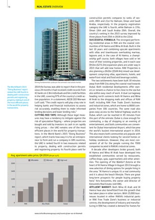 www.oxfordbusinessgroup.com/country/uae-ras-al-khaimah
70
The World Bank’s 2015
“Doing Business” report
ranked the UAE fourth in
dealing with construction
permits and registering
property, making it one of
the most efficient places
in the world for property
transactions.
REAL ESTATE OVERVIEW
Strong fundamentals underpin the emirate’s real estate market
construction permits compares to ranks of sev-
enth, 49th and 21st for Bahrain, Oman and Saudi
Arabia, respectively. In the property registration
category the UAE is fourth, while Bahrain is 17th,
Oman 19th and Saudi Arabia 20th. Overall, the
country’s ranking in the 2015 survey improved by
three places from 25th in 2014 to the 22nd.
SUCCESSFUL FORMULA: The strongest-perform-
ing residential areas in RAK are the coastal com-
munities of Al Hamra and Mina Al Arab. Built in the
last 10 years and combining upscale apartments
with villas and townhouses overlooking marinas,
lagoons and, in the case of Al Hamra, a champi-
onship golf course, both villages have sold or let
most of their existing properties, and in each case
Dh1bn ($272.2m) expansion plans are under way in
2015 that will add new homes. RAK Properties is
also planning a Dh2bn ($544.4m) mixed-use devel-
opment comprising villas, apartments, hotels, and
waterfront retail and food and beverage outlets.
The two settlements have been built 30 minutes
away from RAK City along the coastal road towards
Dubai. Both residential developments offer own-
ers or tenants a chance to live close to the sea but
also within easy reach of work. A dual carriageway
heading north connects both Al Hamra and Mina
Al Arab to the shopping malls and offices of RAK
itself, including RAK Free Trade Zone’s business
and industrial zones, which are home to 8000 com-
panies from 106 countries. The same road also
gives easy access to the federal highway south to
Dubai, which can be reached in 45 minutes from
this part of the emirate. Dubai is close enough for
commuting, a day of shopping or an evening of
entertainment, and both communities are conven-
ient for Dubai International Airport, which became
the world’s busiest international airport in 2014.
This also means both communities are popular with
international clients looking for second homes or
holiday residences. However, they are most con-
venient of all for the people running the 7000
companies located in RAKIA’s industrial zones.
A decade after developers broke ground, both
Al Hamra and Mina Al Arab have developed into
established communities served by restaurants,
coffee shops, spas, supermarkets and other amen-
ities. The opening of the Waldorf Astoria at the
heart of Al Hamra Village in August 2013 brought a
new selection of dining options for people living in
the area. “Al Hamra is unique; it’s a real community
and it is about the beach lifestyle. There are great
long-term prospects for people buying property
here,” Aris Kotsomitis, the owner and director of
Kotsomitis Real Estate, told OBG.
AFFLUENT MARKET: Both Mina Al Arab and Al
Hamra have also benefitted from the growth that
has taken place in other sectors. With 15,000 busi-
nesses located in either RAKIA’s industrial parks
or RAK Free Trade Zone’s business or industrial
centres, the development of industry and manufac-
turing in RAK has created a demand for homes for
2014 the bureau was able to report that in the pre-
vious 24 months it had received credit records from
43 banks on 2.8m individuals and 6m credit facilities
in the UAE, covering 97% of the country’s credit-ac-
tive population. In a statement, AECB CEO Marwan
Lutfi said, “The credit reports will play a key role in
helping banks and financial institutions to assess
risk accurately, enabling them to make informed
lending decisions and lower lending risks.”
CUTTING RED TAPE: Although these legal meas-
ures may have a tendency to mitigate against the
risk of speculative flipping – where properties are
bought and sold by investors to cash in on rapidly
rising prices – the UAE remains one of the most
efficient places in the world for property transac-
tions. In the World Bank’s 2015 “Doing Business”
report, which tracks how easy it is for an entrepre-
neur to form and run a company in 189 countries,
the UAE is ranked fourth in two measures related
to property, dealing with construction permits
and registering property. Its fourth place rank for
Avg. apartment sales price, Q4 2014 (Dh per sq ft)
SOURCE:Asteco
0
400
800
1200
1600
2000
High-endMid-endAffordable
DubaiAbu DhabiRAK
 