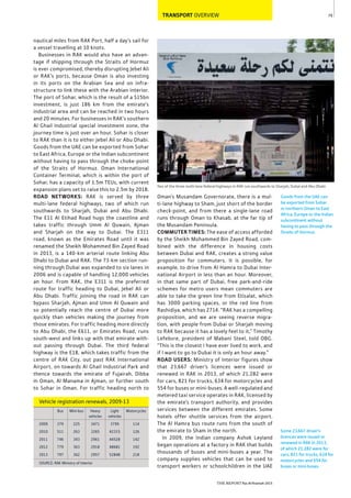 79
THE REPORT Ras Al Khaimah 2015
Some 23,667 driver’s
licences were issued or
renewed in RAK in 2013,
of which 21,282 were for
cars, 821 for trucks, 634 for
motorcycles and 554 for
buses or mini-buses.
Two of the three multi-lane federal highways in RAK run southwards to Sharjah, Dubai and Abu Dhabi
Goods from the UAE can
be exported from Sohar
in northern Oman to East
Africa, Europe or the Indian
subcontinent without
having to pass through the
Straits of Hormuz.
TRANSPORT OVERVIEW
Oman’s Musandam Governorate, there is a mul-
ti-lane highway to Sham, just short of the border
check-point, and from there a single-lane road
runs through Oman to Khasab, at the far tip of
the Musandam Peninsula.
COMMUTER TIMES: The ease of access afforded
by the Sheikh Mohammed Bin Zayed Road, com-
bined with the difference in housing costs
between Dubai and RAK, creates a strong value
proposition for commuters. It is possible, for
example, to drive from Al Hamra to Dubai Inter-
national Airport in less than an hour. Moreover,
in that same part of Dubai, free park-and-ride
schemes for metro users mean commuters are
able to take the green line from Etisalat, which
has 3000 parking spaces, or the red line from
Rashidiya, which has 2714. “RAK has a compelling
proposition, and we are seeing reverse migra-
tion, with people from Dubai or Sharjah moving
to RAK because it has a lovely feel to it,” Timothy
Lefebvre, president of Mabani Steel, told OBG.
“This is the closest I have ever lived to work, and
if I want to go to Dubai it is only an hour away.”
ROAD USERS: Ministry of Interior figures show
that 23,667 driver’s licences were issued or
renewed in RAK in 2013, of which 21,282 were
for cars, 821 for trucks, 634 for motorcycles and
554 for buses or mini-buses. A well-regulated and
metered taxi service operates in RAK, licensed by
the emirate’s transport authority, and provides
services between the different emirates. Some
hotels offer shuttle services from the airport.
The Al Hamra bus route runs from the south of
the emirate to Sham in the north.
In 2009, the Indian company Ashok Leyland
began operations at a factory in RAK that builds
thousands of buses and mini-buses a year. The
company supplies vehicles that can be used to
transport workers or schoolchildren in the UAE
nautical miles from RAK Port, half a day’s sail for
a vessel travelling at 10 knots.
Businesses in RAK would also have an advan-
tage if shipping through the Straits of Hormuz
is ever compromised, thereby disrupting Jebel Ali
or RAK’s ports, because Oman is also investing
in its ports on the Arabian Sea and on infra-
structure to link these with the Arabian interior.
The port of Sohar, which is the result of a $15bn
investment, is just 186 km from the emirate’s
industrial area and can be reached in two hours
and 20 minutes. For businesses in RAK’s southern
Al Ghail Industrial special investment zone, the
journey time is just over an hour. Sohar is closer
to RAK than it is to either Jebel Ali or Abu Dhabi.
Goods from the UAE can be exported from Sohar
to East Africa, Europe or the Indian subcontinent
without having to pass through the choke-point
of the Straits of Hormuz. Oman International
Container Terminal, which is within the port of
Sohar, has a capacity of 1.5m TEUs, with current
expansion plans set to raise this to 2.5m by 2018.
ROAD NETWORKS: RAK is served by three
multi-lane federal highways, two of which run
southwards to Sharjah, Dubai and Abu Dhabi.
The E11 Al Etihad Road hugs the coastline and
takes traffic through Umm Al Quwain, Ajman
and Sharjah on the way to Dubai. The E311
road, known as the Emirates Road until it was
renamed the Sheikh Mohammed Bin Zayed Road
in 2013, is a 140-km arterial route linking Abu
Dhabi to Dubai and RAK. The 73-km section run-
ning through Dubai was expanded to six lanes in
2006 and is capable of handling 12,000 vehicles
an hour. From RAK, the E311 is the preferred
route for traffic heading to Dubai, Jebel Ali or
Abu Dhabi. Traffic joining the road in RAK can
bypass Sharjah, Ajman and Umm Al Quwain and
so potentially reach the centre of Dubai more
quickly than vehicles making the journey from
those emirates. For traffic heading more directly
to Abu Dhabi, the E611, or Emirates Road, runs
south-west and links up with that emirate with-
out passing through Dubai. The third federal
highway is the E18, which takes traffic from the
centre of RAK City, out past RAK International
Airport, on towards Al Ghail Industrial Park and
thence towards the emirate of Fujairah, Dibba
in Oman, Al Manama in Ajman, or further south
to Sohar in Oman. For traffic heading north to
SOURCE: RAK Ministry of Interior
Bus Mini-bus Heavy Light Motorcycles
vehicles vehicles
2009 379 225 3471 3799 114
2010 511 263 3265 42315 126
2011 746 343 2961 44528 142
2012 779 363 2918 48681 192
2013 797 362 2957 52848 218
Vehicle registration renewals, 2009-13
 