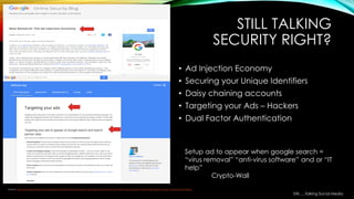 STILL TALKING
SECURITY RIGHT?
• Ad Injection Economy
• Securing your Unique Identifiers
• Daisy chaining accounts
• Targeting your Ads – Hackers
• Dual Factor Authentication
Source: https://googleonlinesecurity.blogspot.com/2015/05/new-research-ad-injection-economy.html http://www.wired.com/2012/08/apple-amazon-mat-honan-hacking/
Setup ad to appear when google search =
“virus removal” “anti-virus software” and or “IT
help”
Crypto-Wall
Still…..Talking Social Media
 