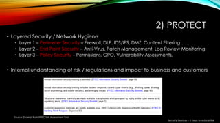 2) PROTECT
• Layered Security / Network Hygiene
• Layer 1 – Perimeter Security – Firewall, DLP, IDS/IPS, DMZ, Content Filtering…….
• Layer 2 – End Point Security – Anti-Virus, Patch Management, Log Review Monitoring
• Layer 3 – Policy Security – Permissions, GPO, Vulnerability Assessments,
• Internal understanding of risk / regulations and impact to business and customers
Source: Excerpt from FFIEC Self Assessment Tool
Security Services – 5 steps to reduce Risk
 
