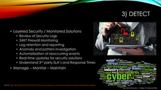 3) DETECT
• Layered Security / Monitored Solutions
• Review of Security Logs
• 24X7 Firewall Monitoring
• Log retention and reporting
• Anomaly and pattern investigation
• Automatization of reoccurring events
• Real-time updates for security solutions
• Understand 3rd party SLA’s and Response Times
• Manage – Monitor – Maintain
Source: http://ipfrontline.com/2015/09/dhs-st-announces-licensing-of-cyber-security-network-anomaly-detection-technology/
Security Services – 5 steps to reduce Risk
 