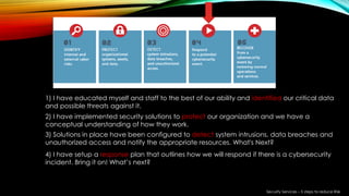 1) I have educated myself and staff to the best of our ability and identified our critical data
and possible threats against it.
2) I have implemented security solutions to protect our organization and we have a
conceptual understanding of how they work.
3) Solutions in place have been configured to detect system intrusions, data breaches and
unauthorized access and notify the appropriate resources. What's Next?
4) I have setup a response plan that outlines how we will respond if there is a cybersecurity
incident. Bring it on! What’s next?
Security Services – 5 steps to reduce Risk
 