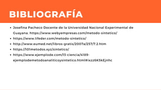 BIBLIOGRAFÍA
Josefina Pacheco Docente de la Universidad Nacional Experimental de
Guayana. https://www.webyempresas.com/metodo-sintetico/
https://www.lifeder.com/metodo-sintetico/
http://www.eumed.net/libros-gratis/2007a/257/7.2.htm
https://101metodos.xyz/sintetico/
https://www.ejemplode.com/13-ciencia/4189-
ejemplodemetodoanaliticoysintetico.html#ixzz6K5kEjnhc
 