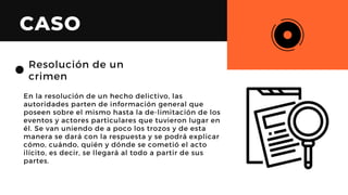 Resolución de un
crimen
En la resolución de un hecho delictivo, las
autoridades parten de información general que
poseen sobre el mismo hasta la de-limitación de los
eventos y actores particulares que tuvieron lugar en
él. Se van uniendo de a poco los trozos y de esta
manera se dará con la respuesta y se podrá explicar
cómo, cuándo, quién y dónde se cometió el acto
ilícito, es decir, se llegará al todo a partir de sus
partes.
CASO
 