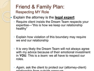 Friend & Family Plan:
Respecting MY Role
 Explain the attorney is the legal expert
◦ Require client insists the Dream Team respects your
expertise—”this is how we keep our relationship
healthy”
◦ Explain how violation of this boundary may require
we end our relationship
◦ It is very likely the Dream Team will not always agree
with my advice because of their emotional investment
in YOU. This is a team: we all have to respect our
roles.
◦ Again, ask the client to protect our (attorney-client)
 