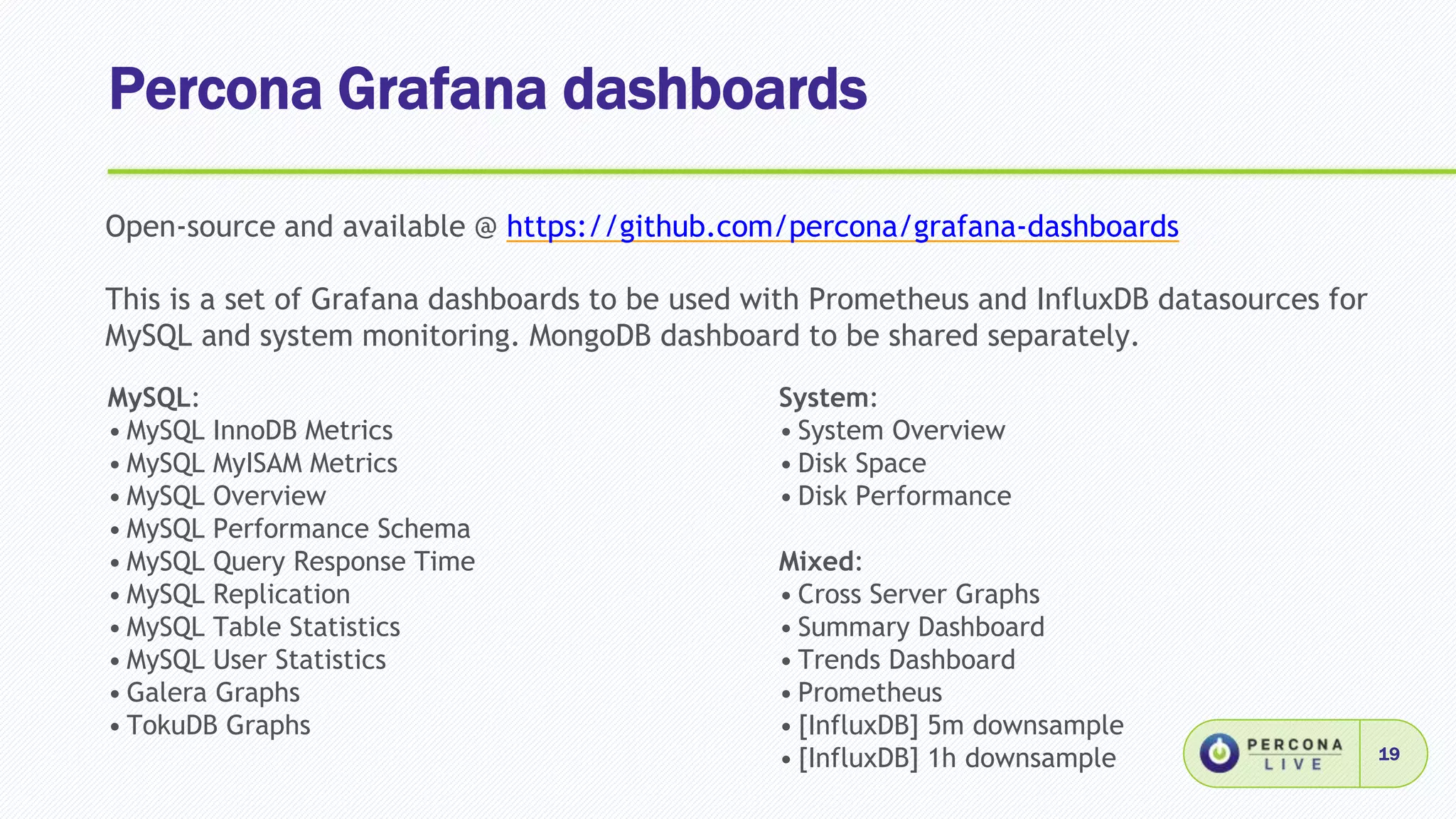 Percona Grafana dashboards
19
Open-source and available @ https://github.com/percona/grafana-dashboards
This is a set of Grafana dashboards to be used with Prometheus and InfluxDB datasources for
MySQL and system monitoring. MongoDB dashboard to be shared separately.
MySQL:
• MySQL InnoDB Metrics
• MySQL MyISAM Metrics
• MySQL Overview
• MySQL Performance Schema
• MySQL Query Response Time
• MySQL Replication
• MySQL Table Statistics
• MySQL User Statistics
• Galera Graphs
• TokuDB Graphs
System:
• System Overview
• Disk Space
• Disk Performance
Mixed:
• Cross Server Graphs
• Summary Dashboard
• Trends Dashboard
• Prometheus
• [InfluxDB] 5m downsample
• [InfluxDB] 1h downsample
 