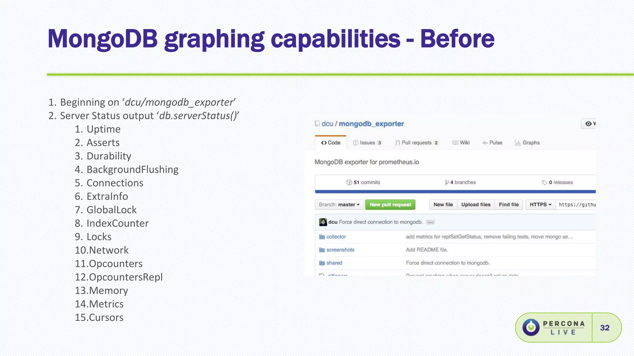 MongoDB graphing capabilities - Before
32
1. Beginning on ‘dcu/mongodb_exporter’
2. Server Status output ‘db.serverStatus()’
1. Uptime
2. Asserts
3. Durability
4. BackgroundFlushing
5. Connections
6. ExtraInfo
7. GlobalLock
8. IndexCounter
9. Locks
10.Network
11.Opcounters
12.OpcountersRepl
13.Memory
14.Metrics
15.Cursors
 