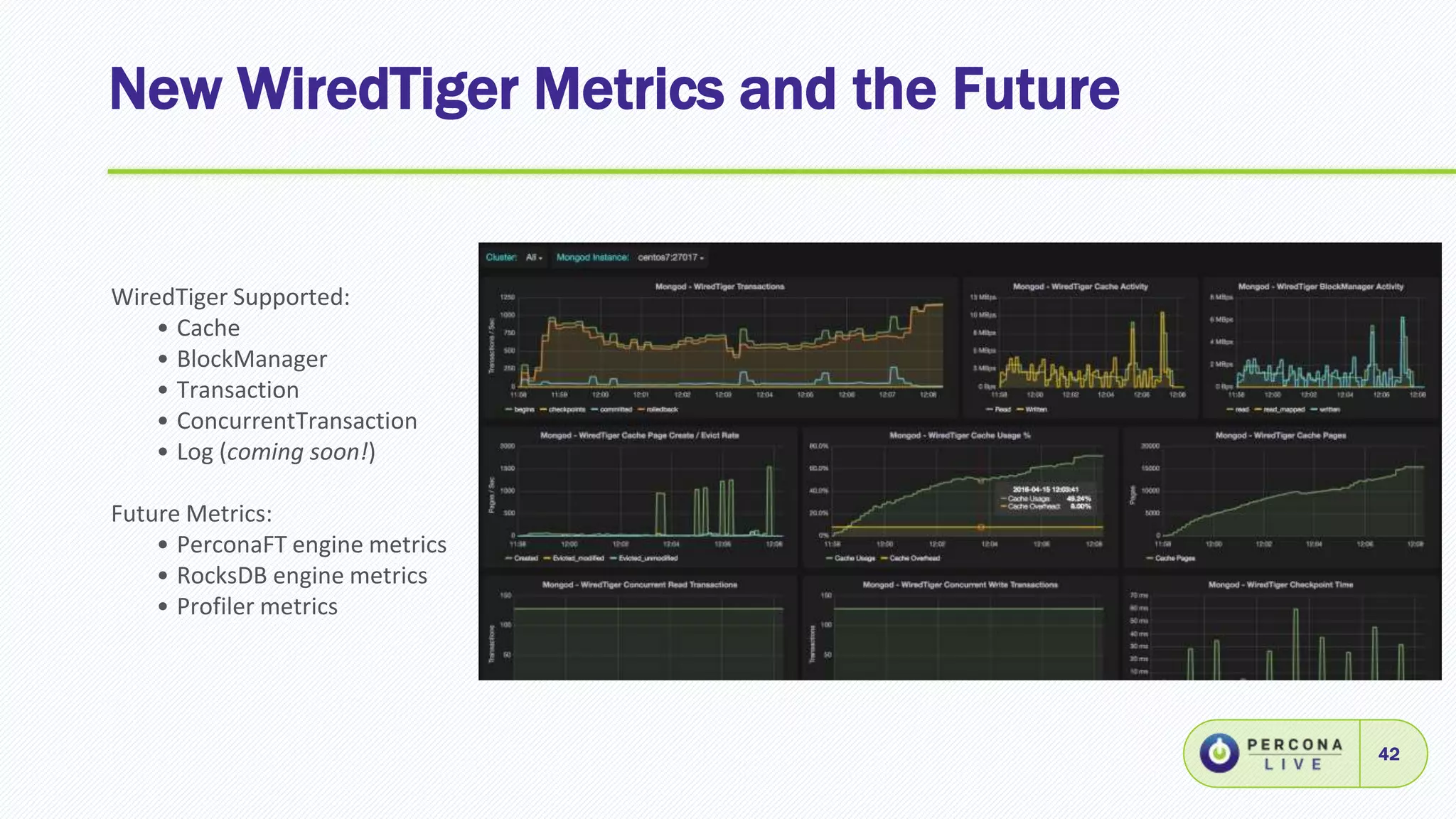 New WiredTiger Metrics and the Future
42
WiredTiger Supported:
• Cache
• BlockManager
• Transaction
• ConcurrentTransaction
• Log (coming soon!)
Future Metrics:
• PerconaFT engine metrics
• RocksDB engine metrics
• Profiler metrics
 