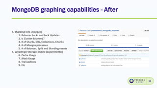 MongoDB graphing capabilities - After
34
4. Sharding Info (mongos)
1. Balancer Locks and Lock Updates
2. Is Cluster Balanced?
3. # of Shards, DBs, Collections, Chunks
4. # of Mongos processes
5. # of Balancer, Split and Sharding events
5. WiredTiger storage-engine (experimental)
6. Cache Usage
7. Block Usage
8. Transactions
9. Etc
 