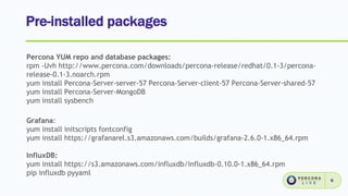 Pre-installed packages
6
Percona YUM repo and database packages:
rpm -Uvh http://www.percona.com/downloads/percona-release/redhat/0.1-3/percona-
release-0.1-3.noarch.rpm
yum install Percona-Server-server-57 Percona-Server-client-57 Percona-Server-shared-57
yum install Percona-Server-MongoDB
yum install sysbench
Grafana:
yum install initscripts fontconfig
yum install https://grafanarel.s3.amazonaws.com/builds/grafana-2.6.0-1.x86_64.rpm
InfluxDB:
yum install https://s3.amazonaws.com/influxdb/influxdb-0.10.0-1.x86_64.rpm
pip influxdb pyyaml
 