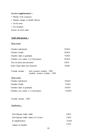 10
Services supplémentaires :
• Planche et fer à repasser
• Matelas à langer et chauffe biberon
• Jeu de cartes
• Fax réception
Service de réveil matin
Tarifs hébergement :
Basse saison
Formule semaine : - hors vacances scolaires : 380€
- pendant vacances scolaires : 450€
Haute saison
Formule semaine : 520€
Suppléments :
Chambre individuelle 69,00 €
Chambre double 75,00 €
Chambre triple et quadruple 95,00 €
Chambre avec cuisine (1 à 4 personnes) 110,00 €
Chambre individuelle 59,00 €
Chambre double 69,00 €
Chambre triple et quadruple 79,00 €
Chambre avec cuisine (1 à 4 personnes) 96,00 €
Taxe de séjour (par personne) 0,80 €
Soirée Etape (dîner hors boissons) 78,00€
Petit déjeuner buffet adulte 8,90 €
Petit déjeuner buffet enfant (4 à 14 ans) 5,00 €
lit supplémentaire 12,00 €
Animal en chambre
5,50 €
 