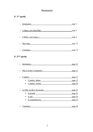 2
Sommaire
 1ère
partie
o Introduction page 3
o L’Alsace et le Haut Rhin page 4
o L’Hôtel « Les Loges » page 8
o Mon stage page 13
o Conclusion page 14
 2ième
partie
o Introduction page 15
o Plan d’Action Commercial page 17
o L’analyse page 17
 L’analyse interne page 17
 L’analyse externe page 20
o La Mise en place des projets page 23
 le produit page 23
 le prix page 24
 la communication page 25
o Conclusion page 28
 