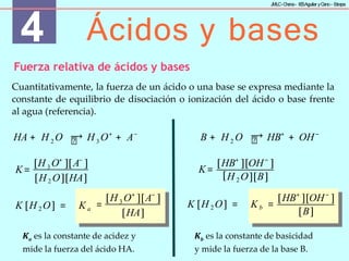 4 Ácidos y bases
J
MLC-C
hena– IE
SAguilar yC
ano- E
stepa
Fuerza relativa de ácidos y bases
Cuantitativamente, la fuerza de un ácido o una base se expresa mediante la
constante de equilibrio de disociación o ionización del ácido o base frente
al agua (referencia).
2
HA + H O 3
H O+
+ A−
K= 3
[H O+
][A−
]
[H2 O][HA]
K [H 2 O] = Ka = 3
[H O+
][A−
]
[HA]
2
B + H O HB+
+ OH−
[HB+
][OH−
]
K=
[H 2 O][B]
K [H 2 O] = Kb =
[HB+
][OH−
]
[B]
Ka es la constante de acidez y
mide la fuerza del ácido HA.
Kb es la constante de basicidad
y mide la fuerza de la base B.
⟶ ⟶
 
