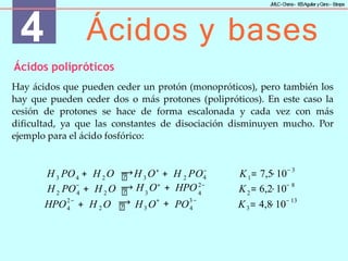 4 Ácidos y bases
J
MLC-C
hena– IE
SAguilar yC
ano- E
stepa
Ácidos polipróticos
Hay ácidos que pueden ceder un protón (monopróticos), pero también los
hay que pueden ceder dos o más protones (polipróticos). En este caso la
cesión de protones se hace de forma escalonada y cada vez con más
dificultad, ya que las constantes de disociación disminuyen mucho. Por
ejemplo para el ácido fosfórico:
3 4 2 3 2 PO−
1
K = 7,5⋅10− 3
2
−
4 2
H PO + H O 3
+
4
2−
4 2
K = 6,2⋅10− 8
HPO2−
4 + H O H O PO4
H O + HPO
+
+ 3−
3
K = 4,8⋅10− 13
H PO + H O ⟶H O+
+ H
⟶
⟶
2 3
 