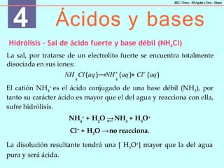 3 3
NH + + H O →NH + H O+
Cl− + H2O →no reacciona.
La disolución resultante tendrá una [ H3O+] mayor que la del agua
pura y será ácida.
4 Ácidos y bases
J
MLC-C
hena– IE
SAguilar yC
ano- E
stepa
Hidrólisis – Sal de ácido fuerte y base débil (NH4Cl)
La sal, por tratarse de un electrolito fuerte se encuentra totalmente
disociada en sus iones:
NH Cl(aq)⟶NH+
(aq)+ Cl−
(aq)
4 4
El catión NH4
+ es el ácido conjugado de una base débil (NH3), por
tanto su carácter ácido es mayor que el del agua y reacciona con ella,
sufre hidrólisis.
4 2 ←
 