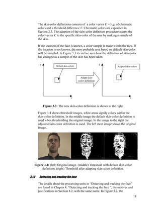 The skin-color definitions consists of a color vector C =(r,g) of chromatic
colors and a threshold difference V. Chromatic colors are explained in
Section 2.3. The adaption of the skin-color definition procedure adapts the
color vector C to the specific skin-color of the user by making a sample of
the skin.
If the location of the face is known, a color sample is made within the face. If
the location is not known, the most probable area based on default skin-color
will be sampled. In Figure 3.3 it can bee seen how the definition of skin-color
has changed as a sample of the skin has been taken.
r
g
r
g
Adapt skin-
color definition
Default skin-colors Adapted skin-colors
Figure 3.3: The new skin-color definition is shown to the right.
Figure 3.4 shows threshold images, white areas signify colors within the
skin-color definition. In the middle image the default skin-color definition is
used when thresholding the original image. In the image to the right the
adjusted skin-color definition is used. The left most image shows the original
image.
Figure 3.4: (left) Original image. (middle) Threshold with default skin-color
definition. (right) Threshold after adapting skin-color definition.
3.1.2 Detecting and tracking the face
The details about the processing units in “Detecting and tracking the face”
are found in Chapter 4, “Detecting and tracking the face ”, the motives and
justifications in Section 8.2, with the same name. In Figure 3.2, the
18
 