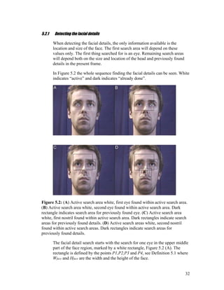5.2.1 Detecting the facial details
When detecting the facial details, the only information available is the
location and size of the face. The first search area will depend on these
values only. The first thing searched for is an eye. Remaining search areas
will depend both on the size and location of the head and previously found
details in the present frame.
In Figure 5.2 the whole sequence finding the facial details can be seen. White
indicates “active” and dark indicates “already done”.
Figure 5.2: (A) Active search area white, first eye found within active search area.
(B) Active search area white, second eye found within active search area. Dark
rectangle indicates search area for previously found eye. (C) Active search area
white, first nostril found within active search area. Dark rectangles indicate search
areas for previously found details. (D) Active search areas white, second nostril
found within active search areas. Dark rectangles indicate search areas for
previously found details.
The facial detail search starts with the search for one eye in the upper middle
part of the face region, marked by a white rectangle, Figure 5.2 (A). The
rectangle is defined by the points P1,P2,P3 and P4, see Definition 5.1 where
Wface and Hface are the width and the height of the face.
32
 