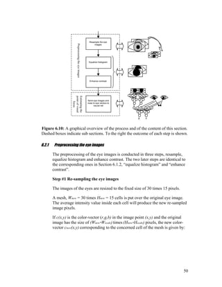 Resample the eye
images
Equalize histogram
Send eye images and
nose to eye vectors to
neural net
X Y
Enhance contrast
Preprocessingtheeyeimages
Estimatingthe
pointofvisual
focus
Figure 6.10: A graphical overview of the process and of the content of this section.
Dashed boxes indicate sub sections. To the right the outcome of each step is shown.
6.2.1 Preprocessing the eye images
The preprocessing of the eye images is conducted in three steps, resample,
equalize histogram and enhance contrast. The two later steps are identical to
the corresponding ones in Section 6.1.2, “equalize histogram” and “enhance
contrast”.
Step #1 Re-sampling the eye images
The images of the eyes are resized to the fixed size of 30 times 15 pixels.
A mesh, Wnew = 30 times Hnew = 15 cells is put over the original eye image.
The average intensity value inside each cell will produce the new re-sampled
image pixels.
If c(x,y) is the color-vector (r,g,b) in the image point (x,y) and the original
image has the size of (Wnew*Wscale) times (Hnew*Hscale) pixels, the new color-
vector cnew(x,y) corresponding to the concerned cell of the mesh is given by:
50
 