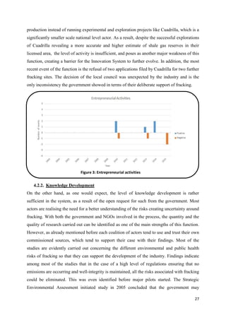 27
production instead of running experimental and exploration projects like Cuadrilla, which is a
significantly smaller scale national level actor. As a result, despite the successful explorations
of Cuadrilla revealing a more accurate and higher estimate of shale gas reserves in their
licensed area, the level of activity is insufficient, and poses as another major weakness of this
function, creating a barrier for the Innovation System to further evolve. In addition, the most
recent event of the function is the refusal of two applications filed by Cuadrilla for two further
fracking sites. The decision of the local council was unexpected by the industry and is the
only inconsistency the government showed in terms of their deliberate support of fracking.
4.2.2. Knowledge Development
On the other hand, as one would expect, the level of knowledge development is rather
sufficient in the system, as a result of the open request for such from the government. Most
actors are realising the need for a better understanding of the risks creating uncertainty around
fracking. With both the government and NGOs involved in the process, the quantity and the
quality of research carried out can be identified as one of the main strengths of this function.
However, as already mentioned before each coalition of actors tend to use and trust their own
commissioned sources, which tend to support their case with their findings. Most of the
studies are evidently carried out concerning the different environmental and public health
risks of fracking so that they can support the development of the industry. Findings indicate
among most of the studies that in the case of a high level of regulations ensuring that no
emissions are occurring and well-integrity is maintained, all the risks associated with fracking
could be eliminated. This was even identified before major pilots started. The Strategic
Environmental Assessment initiated study in 2005 concluded that the government may
Figure 3: Entrepreneurial activities
 