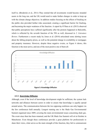 29
itself to. (Broderick et al., 2011) They remind that all investments would become stranded
assets in the long run, and the UK would need to make further changes in order to keep up
with the climate change objectives. In addition studies focusing on the effects of fracking on
the public also provided further risks associated, creating a significant barrier for fracking,
and becoming the major weakness of the function. A report by O’Hara et al. (2013) observed
that public perceptions have suffered significantly after the protests happened in Balcombe,
which is reflected by the seventh function of the TIS as well, discussed in 2. Literature
Review. Furthermore a recent study by Jones et al. (2014) articulated some alerting issues
about the falling property prices, as well as the potential change in availability or mortgages
and property insurance. However, despite these negative events, as Figure 4 shows, this
function is the most active, and one of the most positive one of them all.
4.2.3. Knowledge Diffusion
Although, even if the level of knowledge development might be sufficient, the system lack
networks and alliances between actors in order to ensure that knowledge is equally spread
around actors. The communication between the two opposing coalitions can only happen via
the few conferences held annually. Longest running one is the Shale Gas Environmental
Summit organised since 2009, covering the main environmental issues concerning shale gas.
The event since then has been renamed, and the UK Shale Gas Summit will sit in October in
Manchester. Even though these conferences provide a great platform for professionals to
share their views, what serves as the main strength of this function, they fail to communicate
Figure 5: Knowledge Diffusion
 