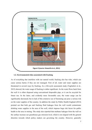 7
1.2. Environmental risks associated with fracking
As of everything that interferes with our natural world, fracking also has risks, which can
cause serious harms if they are not managed. First of all, water and water supplies are
threatened in several ways by fracking. As a life-cycle assessment study (Tagliaferri et al.,
2015) showed, the water usage of fracking is rather significant. As the water flows back from
the well it is either disposed using conventional disposable pipe, or it can be recycled for
future use. In the latter, and evidently more favourable case, the water usage can be
significantly decreased, but in lack of this extensive use of fracturing can pose a serious risk
on the water supplies of the country. In addition the study by Public Health England (2014)
pointed out that both gas and fracking fluid leakages from the well would contaminate
drinking water supplies in the area of the well, which imposes huge risk factor for public
health in the area in mining. The study also reported that methane leakages from the well on
the surface increase our greenhouse gas emission level, which is not aligned with the general
direction towards which policy makers are governing the country. However, generally
Figure 2 (source: Howarth et al., 2011)
 
