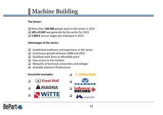 13
Machine Building
The Sector:
More than 100 000 people work in the sector in 2015
18% of GDP was generate by the sector for 2015
5 000 € annual wages per employee in 2015
Advantages of the sector:
Established traditions and experience in the sector
Continuous growth between 2000 and 2015
Qualified work force at affordable price
Easy access to the markets
Networks of technical universities and colleges
Available physical infrastructure
Successful examples:
 