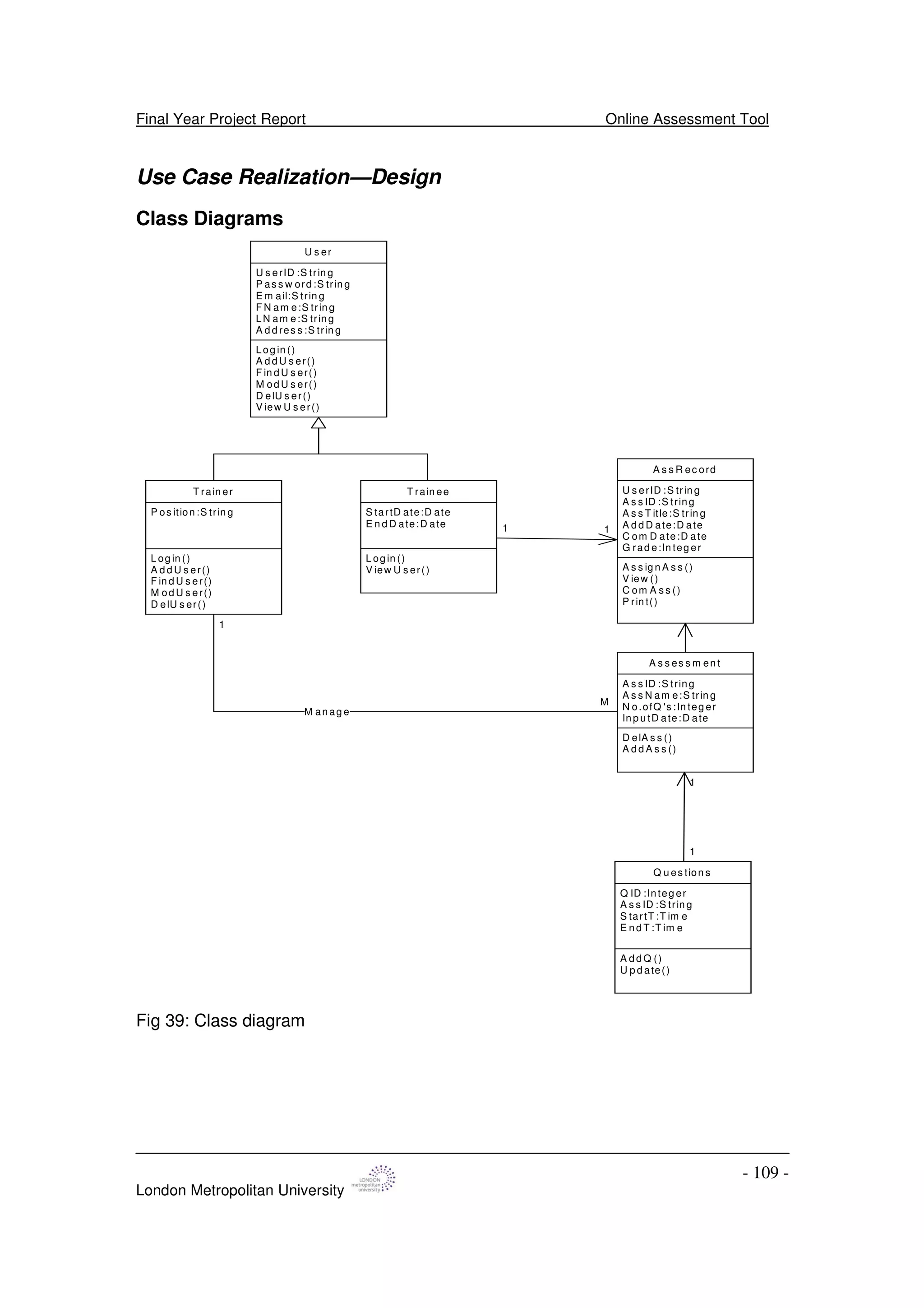 Final Year Project Report Online Assessment Tool
London Metropolitan University
- 109 -
Use Case Realization—Design
Class Diagrams
U s er
U s erID :S trin g
P as s w ord :S trin g
E m ail:S trin g
F N am e:S trin g
LN am e:S trin g
A d d res s :S trin g
Log in ()
A d d U s er()
F in d U s er()
M od U s er()
D elU s er()
V iew U s er()
T rain er
P os ition :S trin g
L og in ()
A d d U s er()
F in d U s er()
M od U s er()
D elU s er()
T rain ee
S tartD ate:D ate
E n d D ate:D ate
L ogin ()
V iew U s er()
A s s es s m en t
A s s ID :S tring
A s s N am e:S trin g
N o.ofQ 's :In teg er
In p u tD ate:D ate
D elA s s ()
A d d A s s ()
A s s R ec ord
U s erID :S trin g
A s s ID :S tring
A s s T itle:S trin g
A d d D ate:D ate
C om D ate:D ate
G rad e:In teg er
A s s ig n A s s ()
V iew ()
C om A s s ()
P rin t()
Q u es tion s
Q ID :Integ er
A s s ID :S trin g
S tartT :T im e
E n d T :T im e
A d d Q ()
U p d ate()
M an ag e
M
1
11
1
1
Fig 39: Class diagram
 