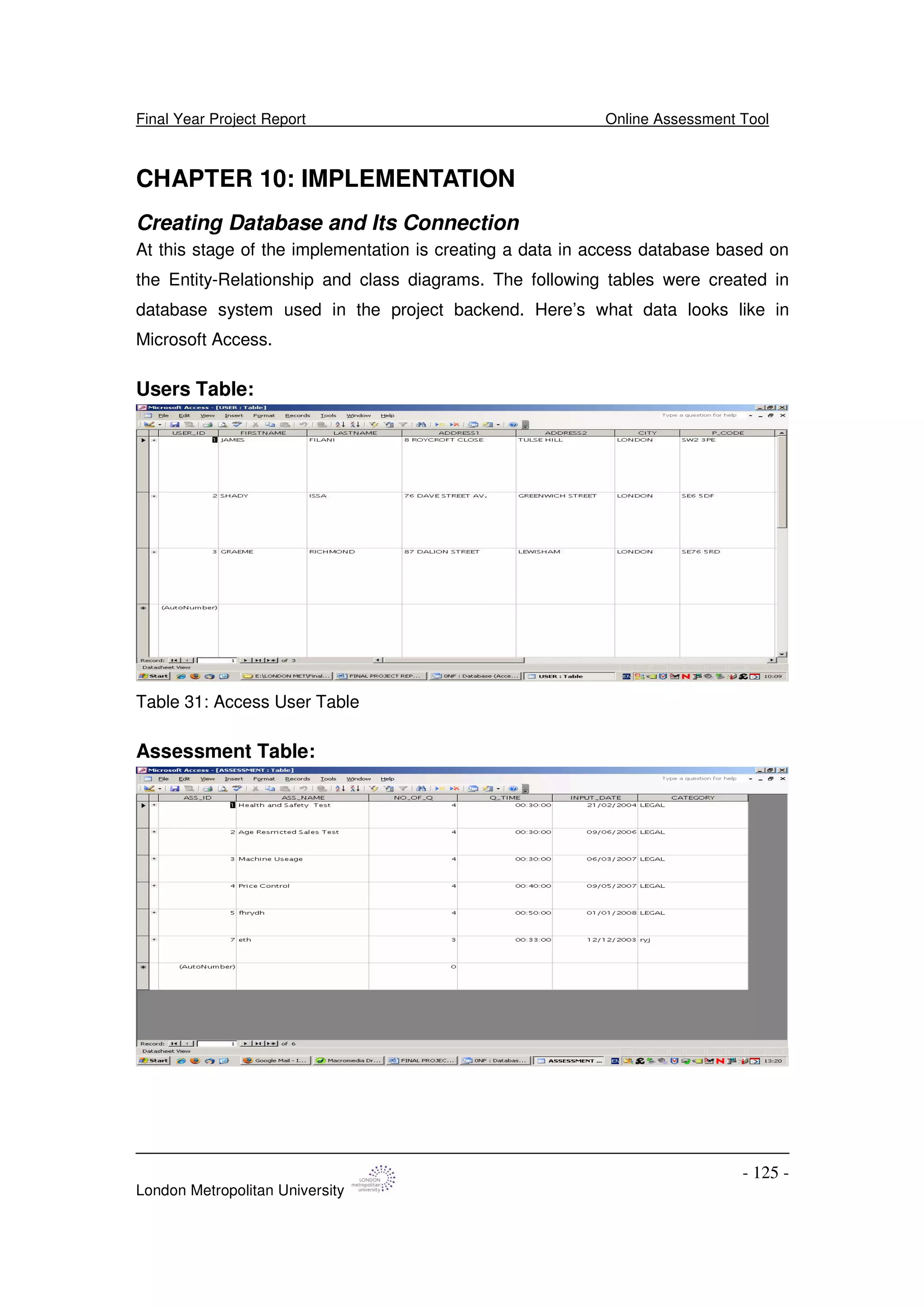 Final Year Project Report Online Assessment Tool
London Metropolitan University
- 125 -
CHAPTER 10: IMPLEMENTATION
Creating Database and Its Connection
At this stage of the implementation is creating a data in access database based on
the Entity-Relationship and class diagrams. The following tables were created in
database system used in the project backend. Here’s what data looks like in
Microsoft Access.
Users Table:
Table 31: Access User Table
Assessment Table:
 