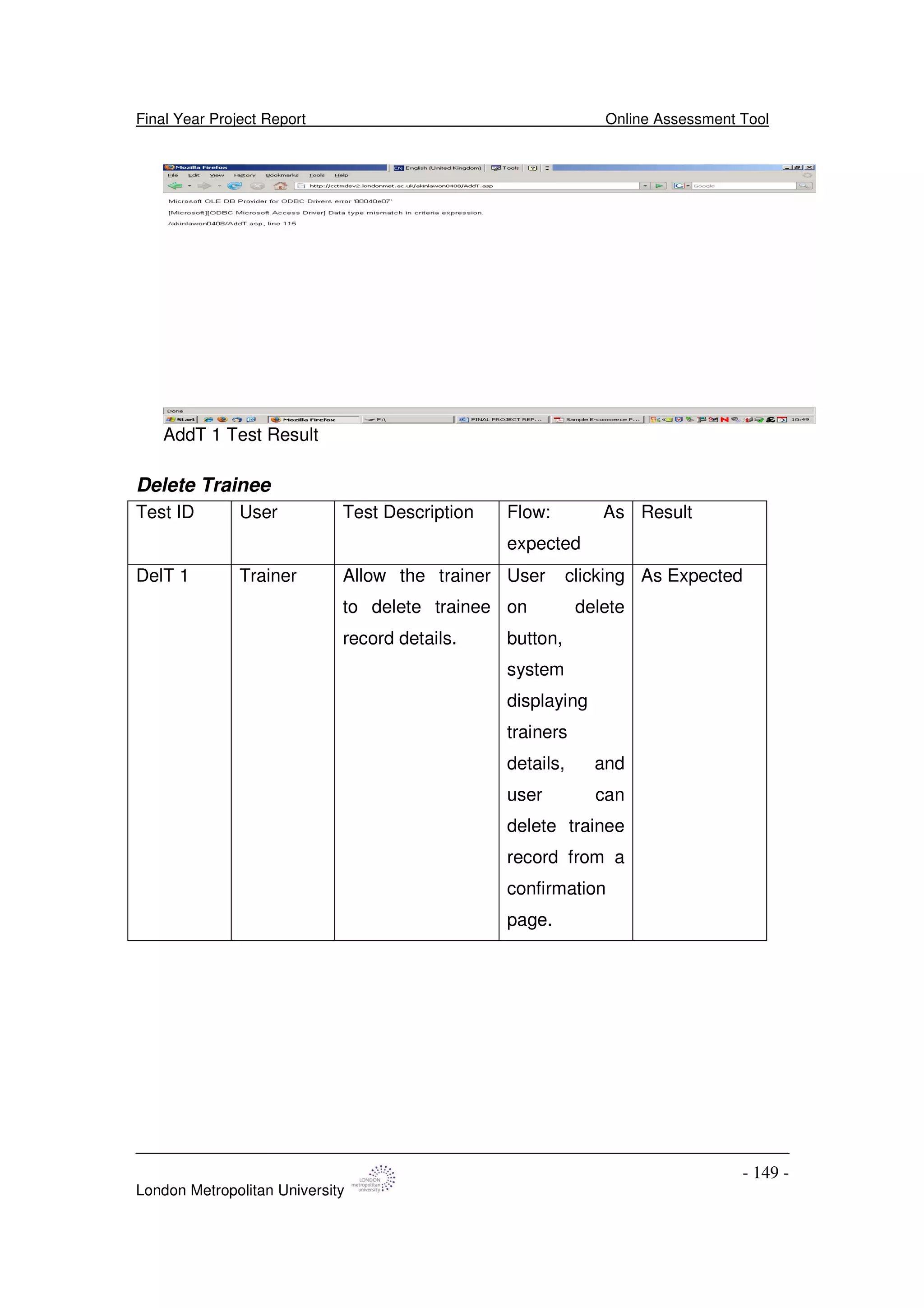 Final Year Project Report Online Assessment Tool
London Metropolitan University
- 149 -
AddT 1 Test Result
Delete Trainee
Test ID User Test Description Flow: As
expected
Result
DelT 1 Trainer Allow the trainer
to delete trainee
record details.
User clicking
on delete
button,
system
displaying
trainers
details, and
user can
delete trainee
record from a
confirmation
page.
As Expected
 