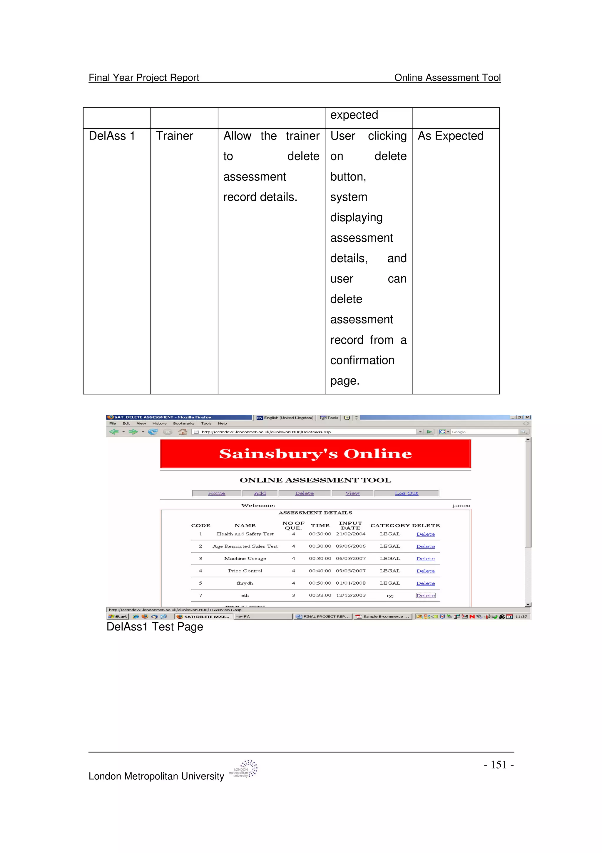 Final Year Project Report Online Assessment Tool
London Metropolitan University
- 151 -
expected
DelAss 1 Trainer Allow the trainer
to delete
assessment
record details.
User clicking
on delete
button,
system
displaying
assessment
details, and
user can
delete
assessment
record from a
confirmation
page.
As Expected
DelAss1 Test Page
 