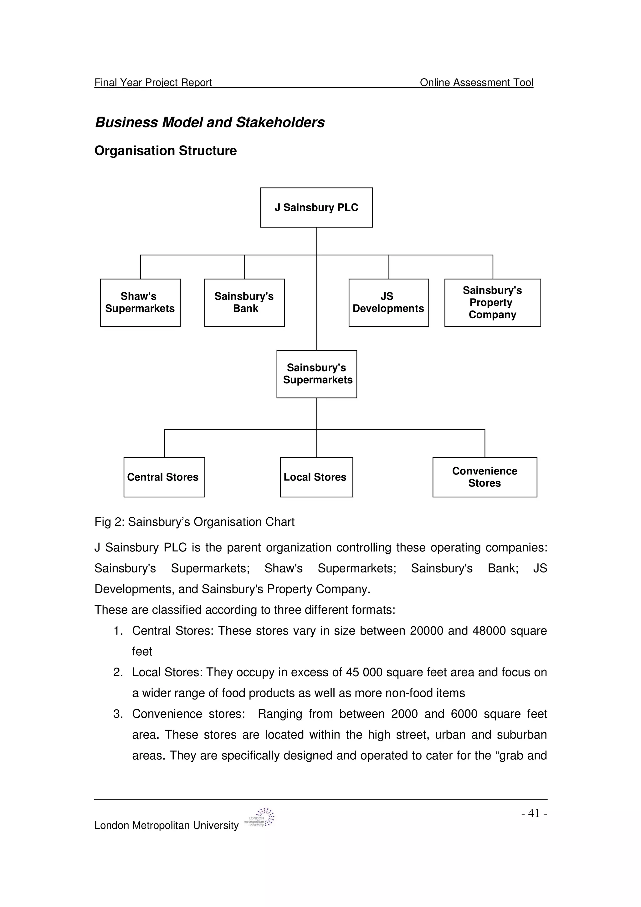 Final Year Project Report Online Assessment Tool
London Metropolitan University
- 41 -
Business Model and Stakeholders
Organisation Structure
J Sainsbury PLC
Sainsbury's
Supermarkets
Shaw's
Supermarkets
Sainsbury's
Bank
JS
Developments
Sainsbury's
Property
Company
Central Stores Local Stores
Convenience
Stores
Fig 2: Sainsbury’s Organisation Chart
J Sainsbury PLC is the parent organization controlling these operating companies:
Sainsbury's Supermarkets; Shaw's Supermarkets; Sainsbury's Bank; JS
Developments, and Sainsbury's Property Company.
These are classified according to three different formats:
1. Central Stores: These stores vary in size between 20000 and 48000 square
feet
2. Local Stores: They occupy in excess of 45 000 square feet area and focus on
a wider range of food products as well as more non-food items
3. Convenience stores: Ranging from between 2000 and 6000 square feet
area. These stores are located within the high street, urban and suburban
areas. They are specifically designed and operated to cater for the “grab and
 