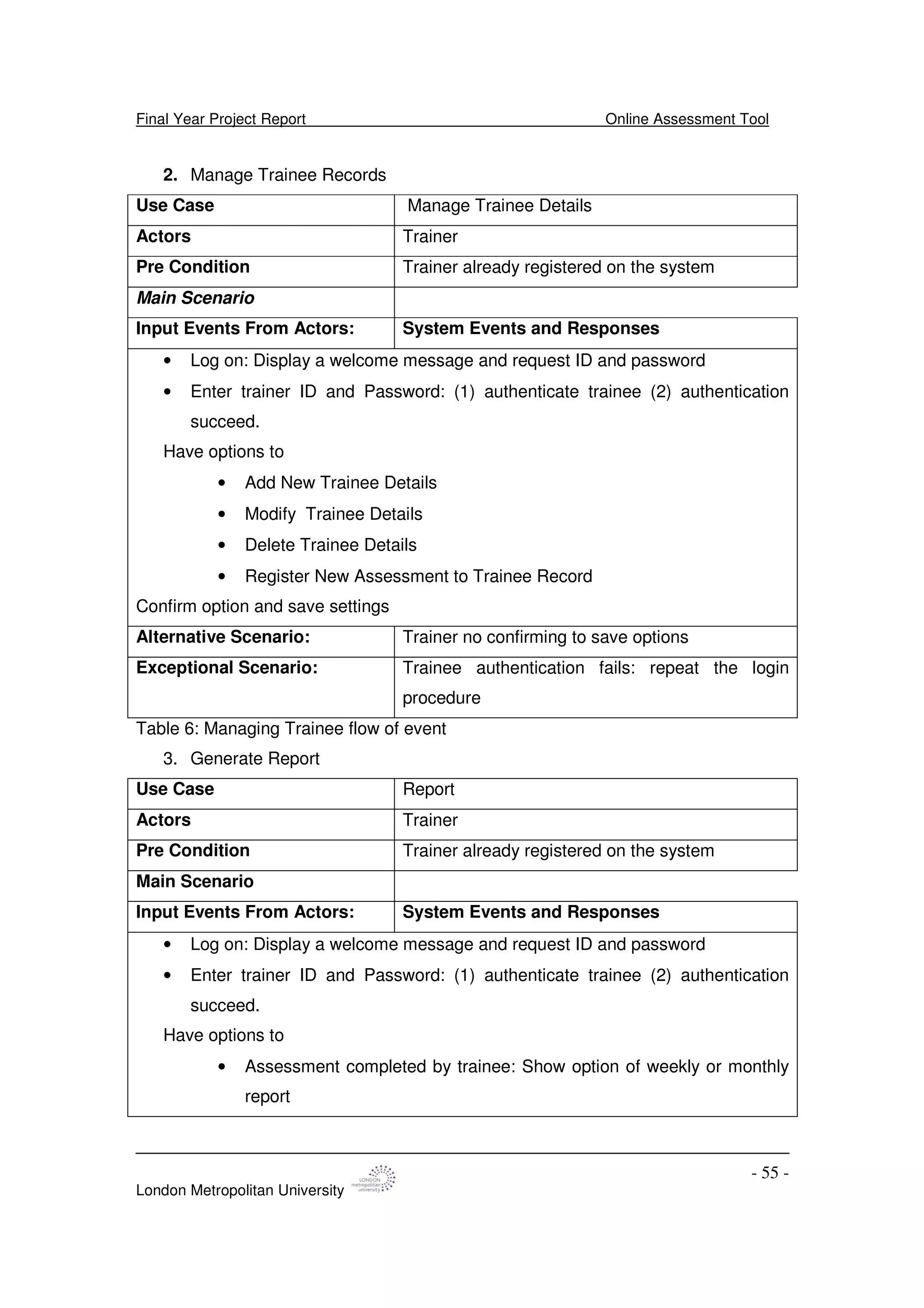 Final Year Project Report Online Assessment Tool
London Metropolitan University
- 55 -
2. Manage Trainee Records
Use Case Manage Trainee Details
Actors Trainer
Pre Condition Trainer already registered on the system
Main Scenario
Input Events From Actors: System Events and Responses
• Log on: Display a welcome message and request ID and password
• Enter trainer ID and Password: (1) authenticate trainee (2) authentication
succeed.
Have options to
• Add New Trainee Details
• Modify Trainee Details
• Delete Trainee Details
• Register New Assessment to Trainee Record
Confirm option and save settings
Alternative Scenario: Trainer no confirming to save options
Exceptional Scenario: Trainee authentication fails: repeat the login
procedure
Table 6: Managing Trainee flow of event
3. Generate Report
Use Case Report
Actors Trainer
Pre Condition Trainer already registered on the system
Main Scenario
Input Events From Actors: System Events and Responses
• Log on: Display a welcome message and request ID and password
• Enter trainer ID and Password: (1) authenticate trainee (2) authentication
succeed.
Have options to
• Assessment completed by trainee: Show option of weekly or monthly
report
 