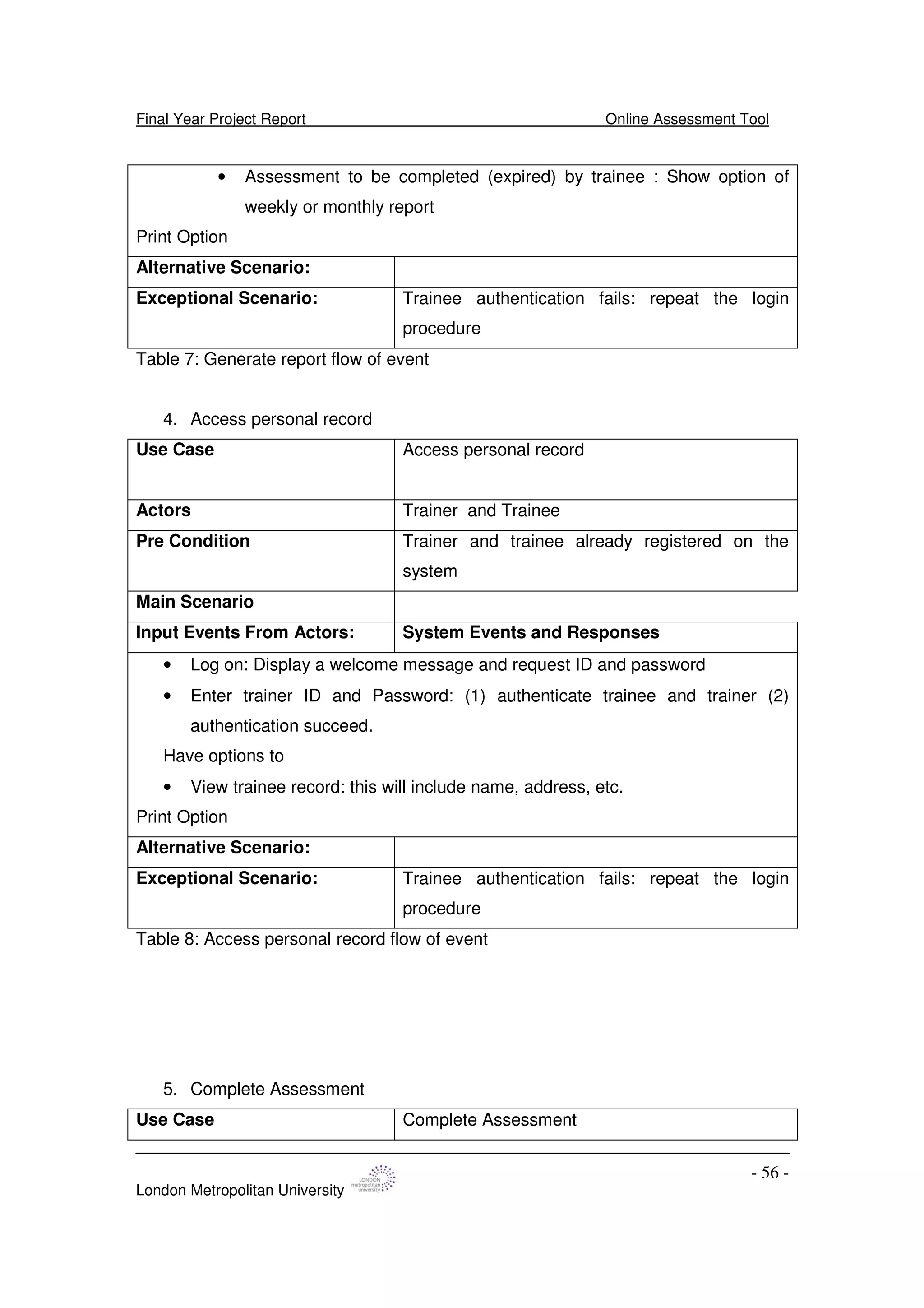Final Year Project Report Online Assessment Tool
London Metropolitan University
- 56 -
• Assessment to be completed (expired) by trainee : Show option of
weekly or monthly report
Print Option
Alternative Scenario:
Exceptional Scenario: Trainee authentication fails: repeat the login
procedure
Table 7: Generate report flow of event
4. Access personal record
Use Case Access personal record
Actors Trainer and Trainee
Pre Condition Trainer and trainee already registered on the
system
Main Scenario
Input Events From Actors: System Events and Responses
• Log on: Display a welcome message and request ID and password
• Enter trainer ID and Password: (1) authenticate trainee and trainer (2)
authentication succeed.
Have options to
• View trainee record: this will include name, address, etc.
Print Option
Alternative Scenario:
Exceptional Scenario: Trainee authentication fails: repeat the login
procedure
Table 8: Access personal record flow of event
5. Complete Assessment
Use Case Complete Assessment
 