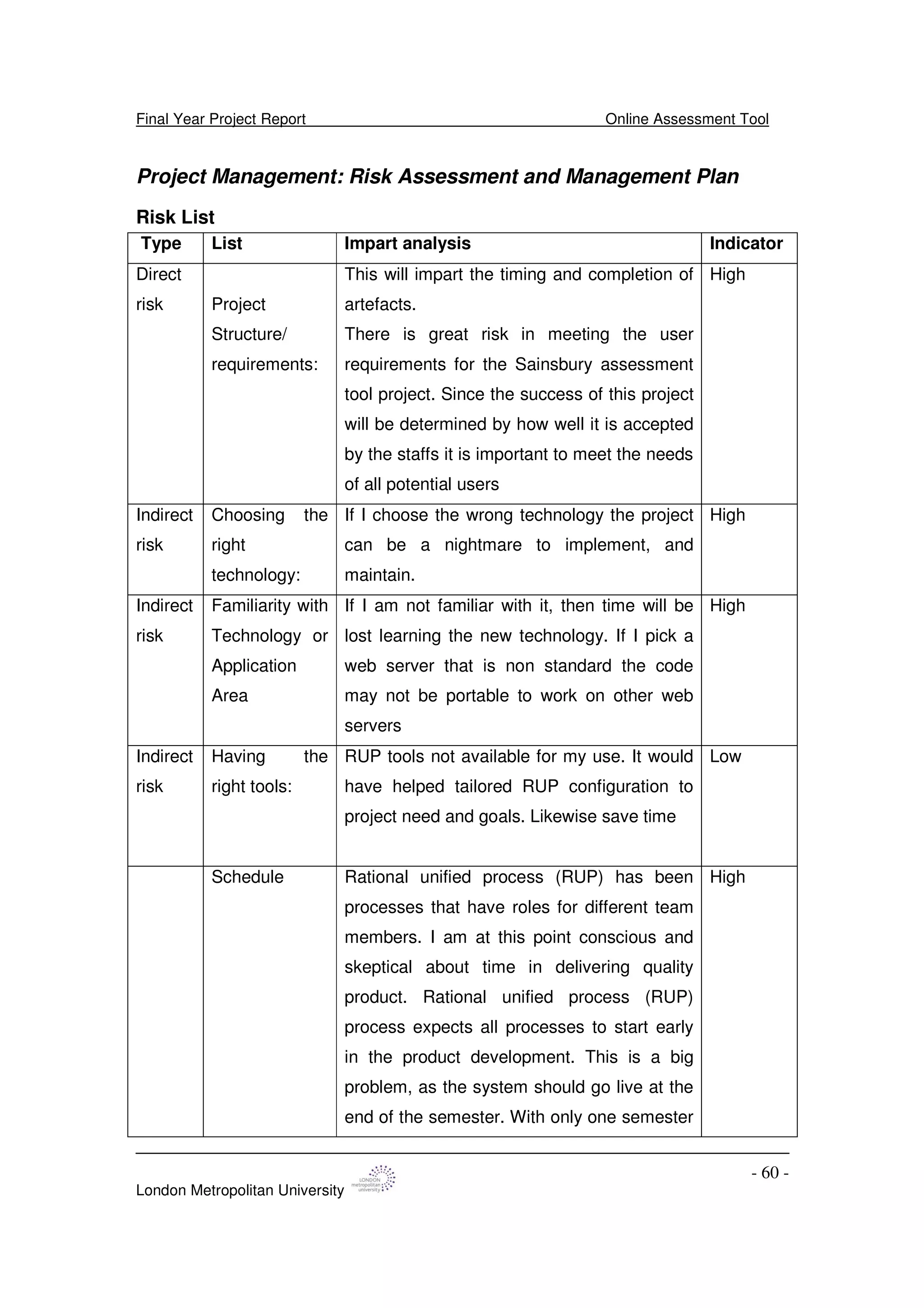 Final Year Project Report Online Assessment Tool
London Metropolitan University
- 60 -
Project Management: Risk Assessment and Management Plan
Risk List
Type List Impart analysis Indicator
Direct
risk Project
Structure/
requirements:
This will impart the timing and completion of
artefacts.
There is great risk in meeting the user
requirements for the Sainsbury assessment
tool project. Since the success of this project
will be determined by how well it is accepted
by the staffs it is important to meet the needs
of all potential users
High
Indirect
risk
Choosing the
right
technology:
If I choose the wrong technology the project
can be a nightmare to implement, and
maintain.
High
Indirect
risk
Familiarity with
Technology or
Application
Area
If I am not familiar with it, then time will be
lost learning the new technology. If I pick a
web server that is non standard the code
may not be portable to work on other web
servers
High
Indirect
risk
Having the
right tools:
RUP tools not available for my use. It would
have helped tailored RUP configuration to
project need and goals. Likewise save time
Low
Schedule Rational unified process (RUP) has been
processes that have roles for different team
members. I am at this point conscious and
skeptical about time in delivering quality
product. Rational unified process (RUP)
process expects all processes to start early
in the product development. This is a big
problem, as the system should go live at the
end of the semester. With only one semester
High
 