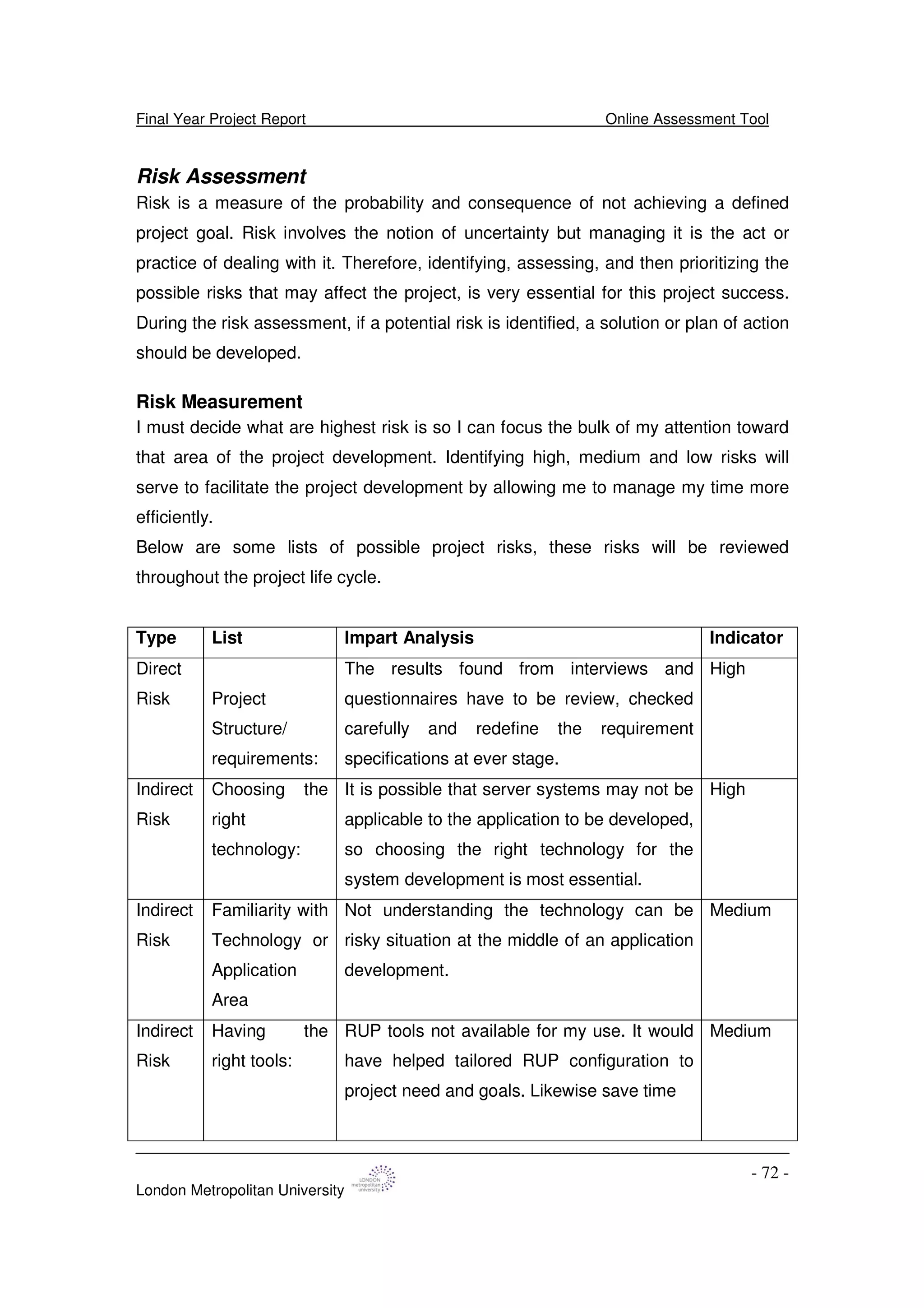 Final Year Project Report Online Assessment Tool
London Metropolitan University
- 72 -
Risk Assessment
Risk is a measure of the probability and consequence of not achieving a defined
project goal. Risk involves the notion of uncertainty but managing it is the act or
practice of dealing with it. Therefore, identifying, assessing, and then prioritizing the
possible risks that may affect the project, is very essential for this project success.
During the risk assessment, if a potential risk is identified, a solution or plan of action
should be developed.
Risk Measurement
I must decide what are highest risk is so I can focus the bulk of my attention toward
that area of the project development. Identifying high, medium and low risks will
serve to facilitate the project development by allowing me to manage my time more
efficiently.
Below are some lists of possible project risks, these risks will be reviewed
throughout the project life cycle.
Type List Impart Analysis Indicator
Direct
Risk Project
Structure/
requirements:
The results found from interviews and
questionnaires have to be review, checked
carefully and redefine the requirement
specifications at ever stage.
High
Indirect
Risk
Choosing the
right
technology:
It is possible that server systems may not be
applicable to the application to be developed,
so choosing the right technology for the
system development is most essential.
High
Indirect
Risk
Familiarity with
Technology or
Application
Area
Not understanding the technology can be
risky situation at the middle of an application
development.
Medium
Indirect
Risk
Having the
right tools:
RUP tools not available for my use. It would
have helped tailored RUP configuration to
project need and goals. Likewise save time
Medium
 