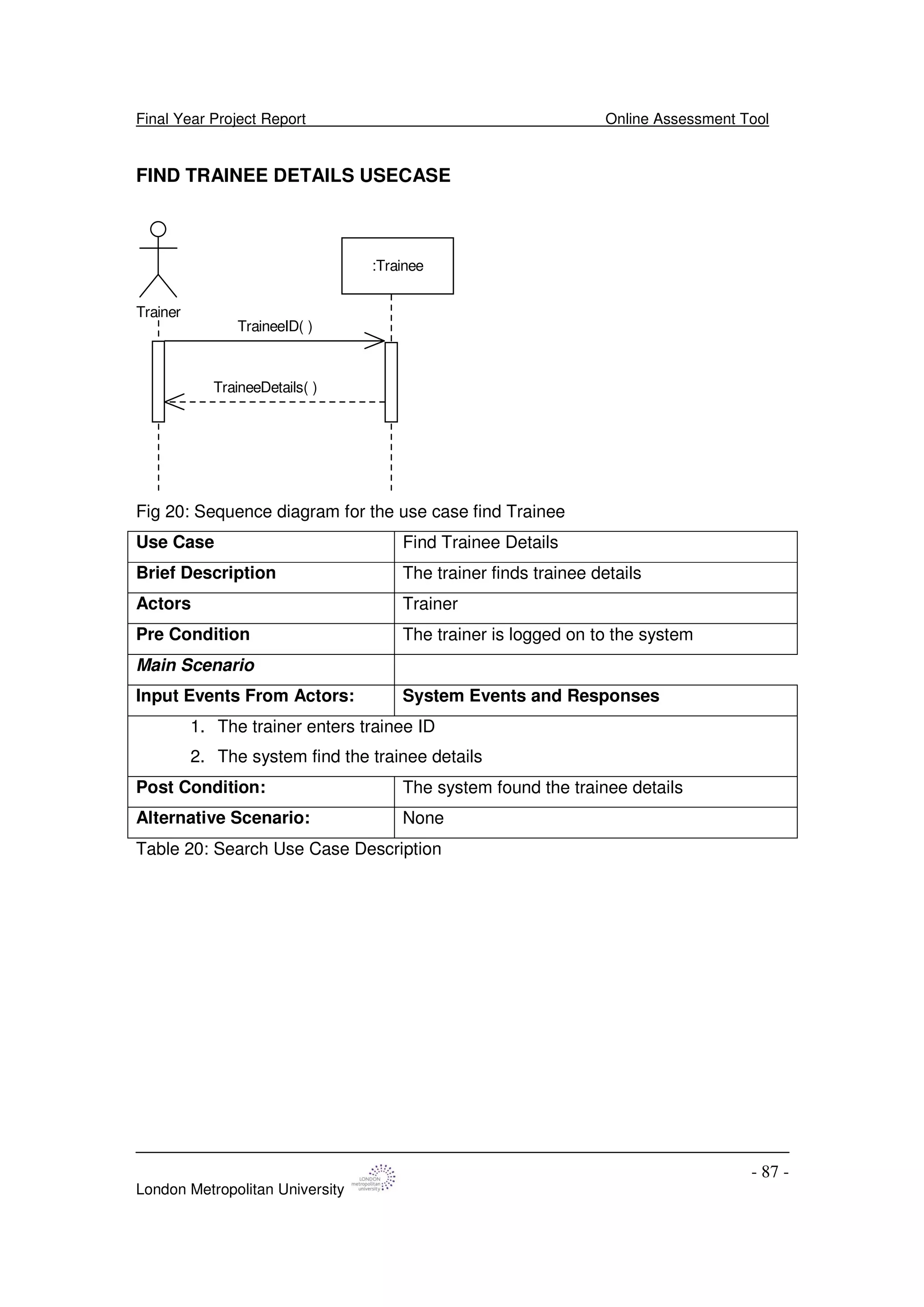 Final Year Project Report Online Assessment Tool
London Metropolitan University
- 87 -
FIND TRAINEE DETAILS USECASE
Trainer
:Trainee
TraineeID( )
TraineeDetails( )
Fig 20: Sequence diagram for the use case find Trainee
Use Case Find Trainee Details
Brief Description The trainer finds trainee details
Actors Trainer
Pre Condition The trainer is logged on to the system
Main Scenario
Input Events From Actors: System Events and Responses
1. The trainer enters trainee ID
2. The system find the trainee details
Post Condition: The system found the trainee details
Alternative Scenario: None
Table 20: Search Use Case Description
 