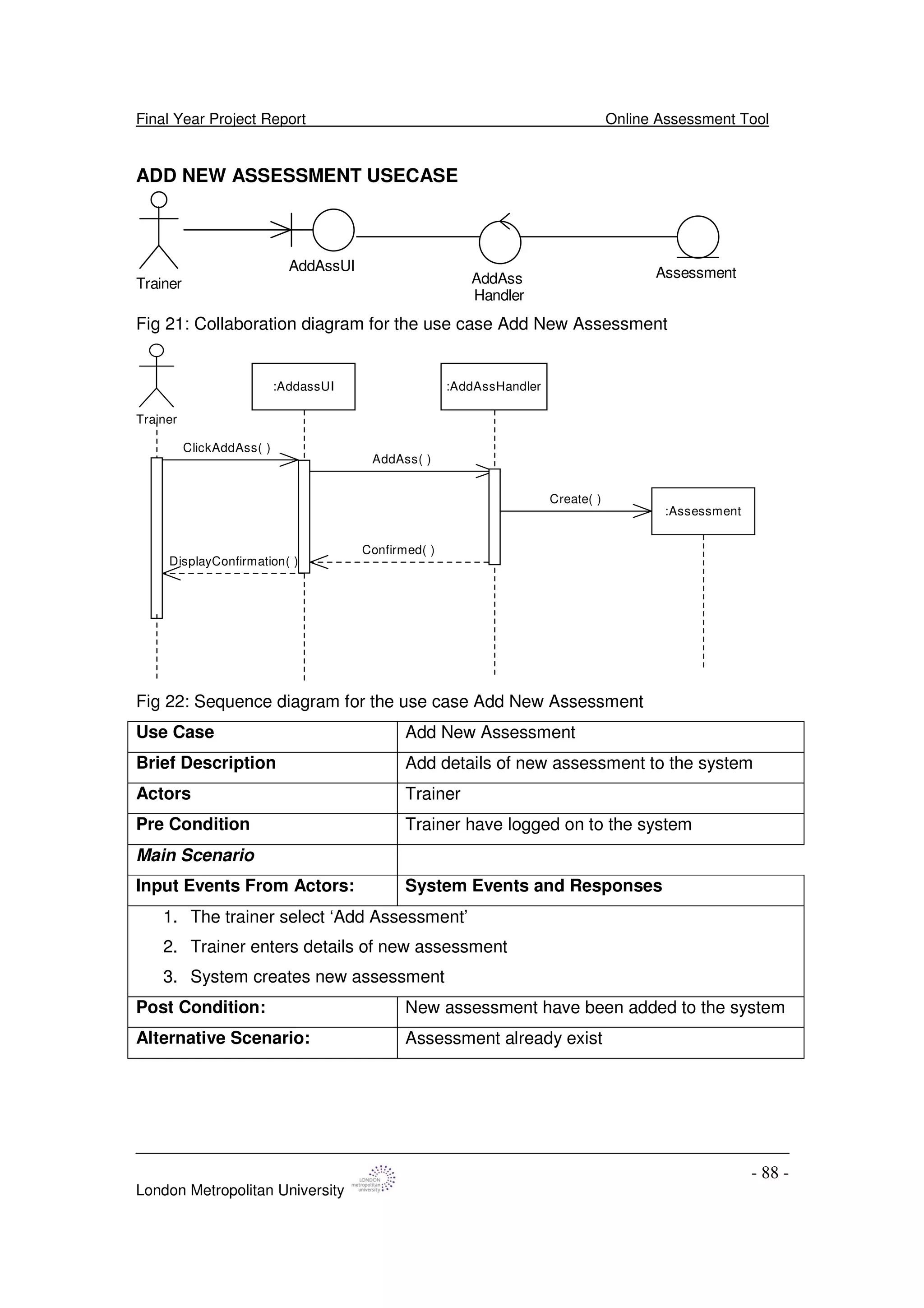 Final Year Project Report Online Assessment Tool
London Metropolitan University
- 88 -
ADD NEW ASSESSMENT USECASE
Trainer
AddAssUI
AddAss
Handler
Assessment
Fig 21: Collaboration diagram for the use case Add New Assessment
Trainer
:AddassUI :AddAssHandler
:Assessment
ClickAddAss( )
AddAss( )
Create( )
Confirmed( )
DisplayConfirmation( )
Fig 22: Sequence diagram for the use case Add New Assessment
Use Case Add New Assessment
Brief Description Add details of new assessment to the system
Actors Trainer
Pre Condition Trainer have logged on to the system
Main Scenario
Input Events From Actors: System Events and Responses
1. The trainer select ‘Add Assessment’
2. Trainer enters details of new assessment
3. System creates new assessment
Post Condition: New assessment have been added to the system
Alternative Scenario: Assessment already exist
 