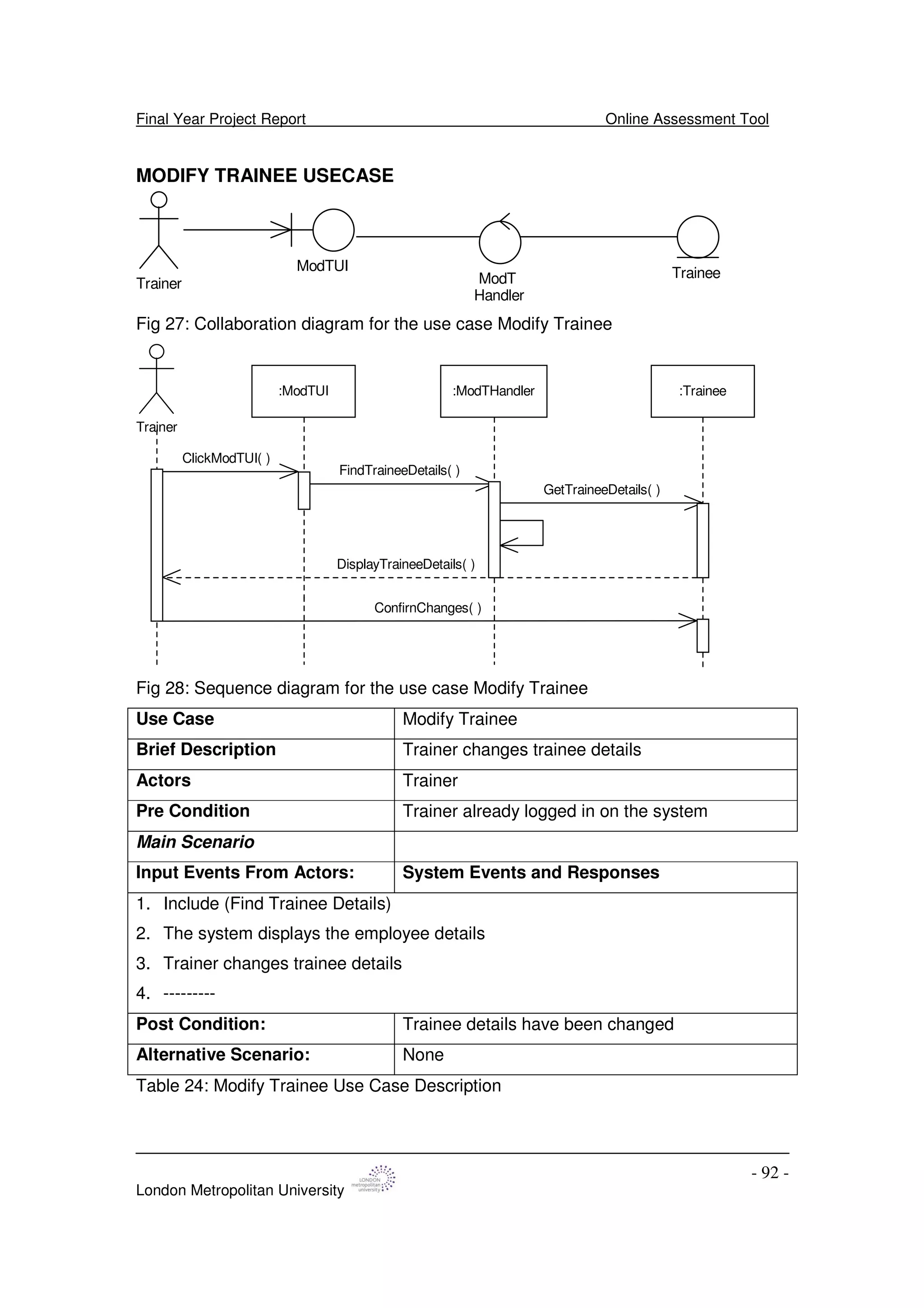 Final Year Project Report Online Assessment Tool
London Metropolitan University
- 92 -
MODIFY TRAINEE USECASE
Trainer
ModTUI
ModT
Handler
Trainee
Fig 27: Collaboration diagram for the use case Modify Trainee
Trainer
:ModTUI :ModTHandler :Trainee
ClickModTUI( )
DisplayTraineeDetails( )
FindTraineeDetails( )
GetTraineeDetails( )
ConfirnChanges( )
Fig 28: Sequence diagram for the use case Modify Trainee
Use Case Modify Trainee
Brief Description Trainer changes trainee details
Actors Trainer
Pre Condition Trainer already logged in on the system
Main Scenario
Input Events From Actors: System Events and Responses
1. Include (Find Trainee Details)
2. The system displays the employee details
3. Trainer changes trainee details
4. ---------
Post Condition: Trainee details have been changed
Alternative Scenario: None
Table 24: Modify Trainee Use Case Description
 