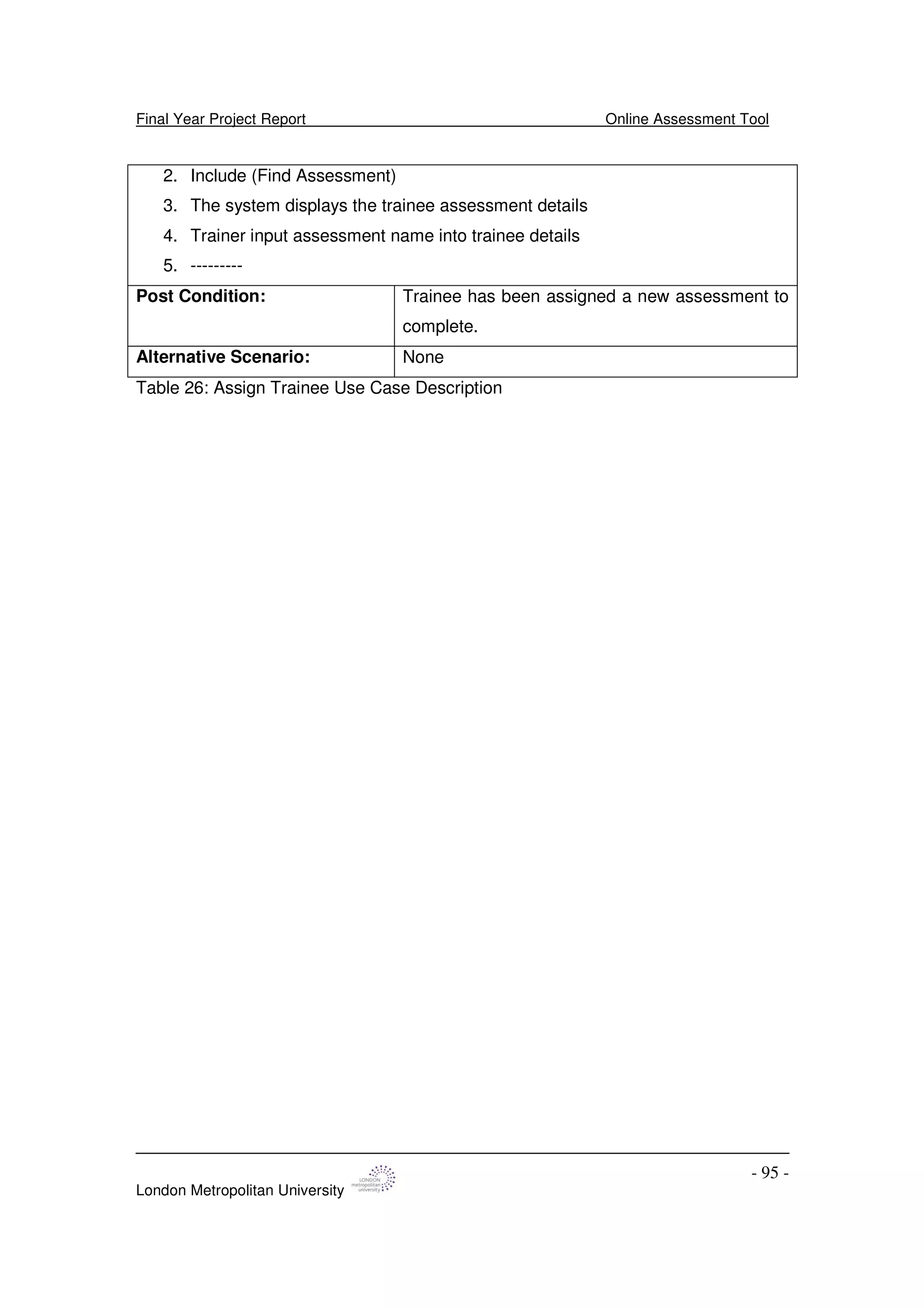 Final Year Project Report Online Assessment Tool
London Metropolitan University
- 95 -
2. Include (Find Assessment)
3. The system displays the trainee assessment details
4. Trainer input assessment name into trainee details
5. ---------
Post Condition: Trainee has been assigned a new assessment to
complete.
Alternative Scenario: None
Table 26: Assign Trainee Use Case Description
 