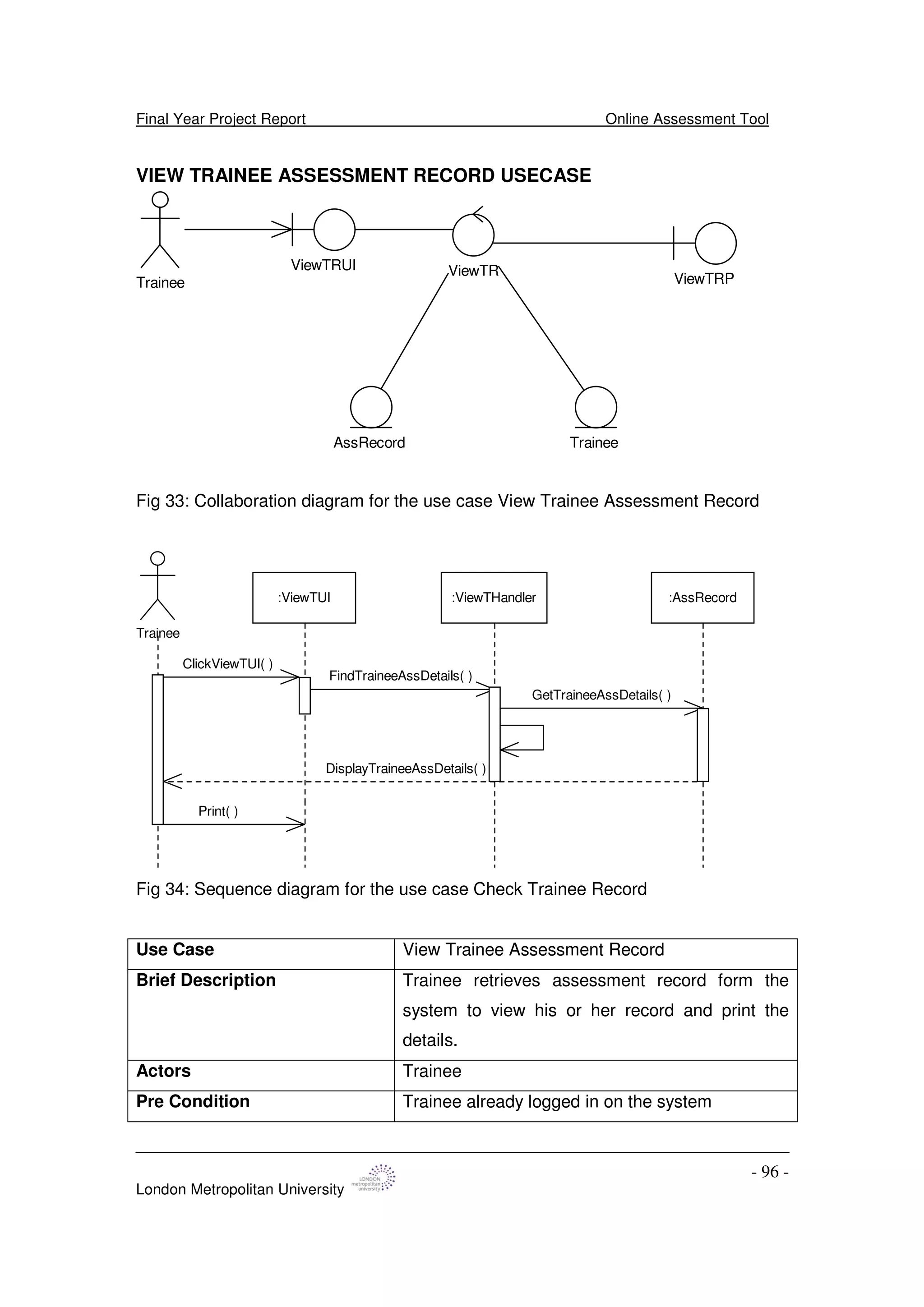 Final Year Project Report Online Assessment Tool
London Metropolitan University
- 96 -
VIEW TRAINEE ASSESSMENT RECORD USECASE
Trainee
ViewTRUI
AssRecord
ViewTR
Trainee
ViewTRP
Fig 33: Collaboration diagram for the use case View Trainee Assessment Record
Trainee
:ViewTUI :ViewTHandler :AssRecord
ClickViewTUI( )
DisplayTraineeAssDetails( )
FindTraineeAssDetails( )
GetTraineeAssDetails( )
Print( )
Fig 34: Sequence diagram for the use case Check Trainee Record
Use Case View Trainee Assessment Record
Brief Description Trainee retrieves assessment record form the
system to view his or her record and print the
details.
Actors Trainee
Pre Condition Trainee already logged in on the system
 