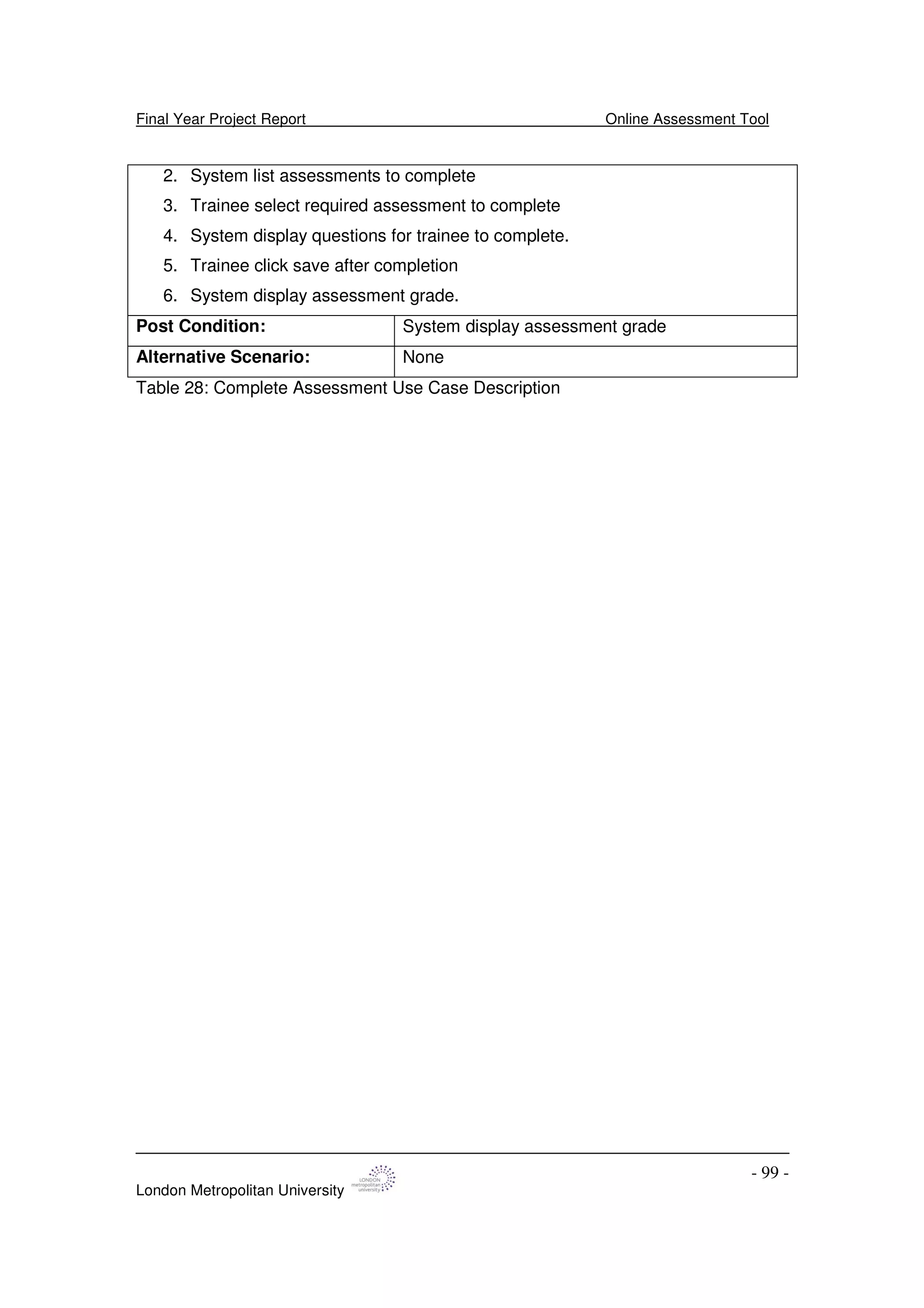 Final Year Project Report Online Assessment Tool
London Metropolitan University
- 99 -
2. System list assessments to complete
3. Trainee select required assessment to complete
4. System display questions for trainee to complete.
5. Trainee click save after completion
6. System display assessment grade.
Post Condition: System display assessment grade
Alternative Scenario: None
Table 28: Complete Assessment Use Case Description
 
