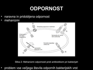 ODPORNOST
• naravna in pridobljena odpornost
• mehanizmi
Slika 2: Mehanizmi odpornosti proti antibiotikom pri bakterijah
• problem vse večjega števila odpornih bakterijskih vrst
 