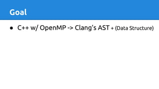 Goal
● C++ w/ OpenMP -> Clang’s AST + (Data Structure)
○ (Data Structure) -> TGFF
○ (Data Structure) -> DOT
○ (Data Structure) -> DARTS
 