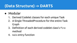 (Data Structure) -> DARTS
● Modular
1. Derived Codelet classes for each unique Task
2. A Single ThreadedProcedure for the entire Task
Graph
3. Definition of each derived codelet class’s fire
method
4. main entry function
 