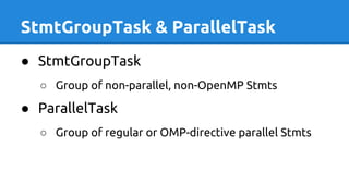 StmtGroupTask & ParallelTask
● StmtGroupTask
○ Group of non-parallel, non-OpenMP Stmts
● ParallelTask
○ Group of regular or OMP-directive parallel Stmts
 