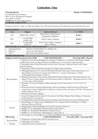 Curriculum Vitae
Narendra Kumar Mobile:+91-8285542810
S/o Shri Banwari Lal Sharma
RZF-14, New Roshanpura Najafgarh,
New Delhi – 110043
Email:nsp1991.sharma@gmail.com
CAREER OBJECTIVE
Seeking a position to utilize my skills and abilities that offers professional growth while being resourceful and innovative.
EDUCATION
Year Degree Institute/School % / CGPA
2010 DIPLOMA (CIVIL)
R.K Institute Technology &
Management (Mathura)
66.60 %
2007
U.P. BOARD
(CBSE-XII)
B.H.I.C Bajana, Mathura 66.40 %
2005
U.P. BOARD
(CBSE-X)
N.S.K. Inter College, Chandpur
Kalan, Mathura
60.00 %
SOFTWARE & LANGUAGE PROFICIENCY
 Operating System : Windows 98, XP, Windows 7, Windows 8
 Software : Auto-Cad, Auto-Plotter
 Tools :MS Excel, PowerPoint , Word
WORK EXPERIENCE
Bridgecon Infra Consultants, New Delhi CAD TECHNICIAN November 2011 – Present
Responsibilities
 Typical Cross section & Miscellaneous drawings of Highways i.e. Junctions, Interchanges, Drains
and Bus Bays, Truck Lay Bye, W-Beam Crash Barrier etc. for various pre-tenders projects.
 Preparing Junction Detail Drawings for the Central University of Jammu Project and Udaipur
Sabroom Project.
 Preparation of Plan and Profile drawings for Udaipur Sabroom Project.
 Planning&Preparation Pre-camber & Detailed Fabrication Drawings of Steel Superstructure for
Major Bridge Over Power Channel at Km 8.864 for 4 - Laning of Sambalpur to Odisha
/Chhatisgarh Border Project of NH– 6.
 Planning, Preparation of Pre-camber & Detailed Fabrication Drawings of Steel Superstructure for
Balance Portion of Major Bridge Over Roopnarayan River at Dhankuni - Kharagpur Section of NH
- 6 in the State of West Bengal.
 Preparing of General Arrangement Plan drawings for the Viaduct for CC-41, CC-43, CC-47
Projects.
 Structural General ArrangementDrawings of Stations including detailed drawings of Structural
components of station building like foundations, column, beams and staircase for Shiv Vihar & Johri
Enclave Stations of CC-41.
 Fabrication drawings of Bridges.
 General Arrangement Drawings for the structures like Major Bridges, Minor Bridges, Underpasses,
Grade Separators and culverts.
 Conducted Surveys like Pavement Inventory & Structural Inventory for various NHAI projects.
Projects
 Detail Design of “Improvement/Widening To Two Laning with Paved Shoulder of Udaipur
Sabroom Project of NH-44”.
 Detail Design of Roads &Bridges for“Central University of Jammu”.
 DMRC CC-41, Mukundpur-Yamuna Vihar Corridor (Line 7)
 DMRC CC-43, Mundka-Tikri Border Corridor (Line-5)
 DMRC CC-47,Tikri Border -Bahadurgarh Corridor (Line-5)
 Pre-Tenders for various highways for NHAI, MORTH & State Government Projects.
SRC Group CAD TECHNICIAN November 2010 - November 2011
Responsibilities
 Preparation of Master Plan 2021 for the Meerut city.
 Preparation of Counters.
Projects  Master Plan 2021 for Meerut City.
 