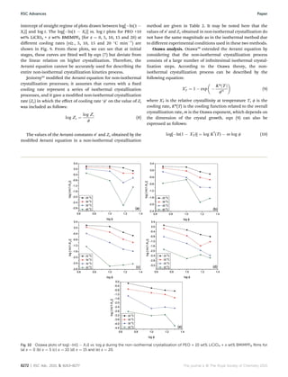 intercept of straight regime of plots drawn between log[Àln(1 À
Xt)] and log t. The log[Àln(1 À Xt)] vs. log t plots for PEO +10
wt% LiClO4 + x wt% BMIMPF6 (for x ¼ 0, 5, 10, 15 and 20) at
diﬀerent cooling rates (viz., 5, 10, 15 and 20 
C minÀ1
) are
shown in Fig. 9. From these plots, we can see that at initial
stages, these curves are tted well by eqn (7) but deviate from
the linear relation on higher crystallization. Therefore, the
Avrami equation cannot be accurately used for describing the
entire non-isothermal crystallization kinetics process.
Jeziorny53
modied the Avrami equation for non-isothermal
crystallization processes; it assumes that curves with a xed
cooling rate represent a series of isothermal crystallization
processes, and it gave a modied non-isothermal crystallization
rate (Zc) in which the eﬀect of cooling rate ‘f’ on the value of Zt
was included as follows:
log Zc ¼
log Zt
f
(8)
The values of the Avrami constants n0
and Zc obtained by the
modied Avrami equation in a non-isothermal crystallization
method are given in Table 2. It may be noted here that the
values of n0
and Zc obtained in non-isothermal crystallization do
not have the same magnitude as in the isothermal method due
to diﬀerent experimental conditions used in these two methods.
Ozawa analysis. Ozawa54
extended the Avrami equation by
considering that the non-isothermal crystallization process
consists of a large number of innitesimal isothermal crystal-
lization steps. According to the Ozawa theory, the non-
isothermal crystallization process can be described by the
following equation:
X0
T ¼ 1 À exp

À
K*ðTÞ
fm

(9)
where X0
T is the relative crystallinity at temperature T, f is the
cooling rate, K*(T) is the cooling function related to the overall
crystallization rate, m is the Ozawa exponent, which depends on
the dimension of the crystal growth. eqn (9) can also be
expressed as follows:
log[Àln(1 À X0
T)] ¼ log K*
(T) À m log f (10)
Fig. 10 Ozawa plots of log[Àln(1 À XT)] vs. log f during the non-isothermal crystallization of PEO + 10 wt% LiClO4 + x wt% BMIMPF6 ﬁlms for
(a) x ¼ 0 (b) x ¼ 5 (c) x ¼ 10 (d) x ¼ 15 and (e) x ¼ 20.
8272 | RSC Adv., 2015, 5, 8263–8277 This journal is © The Royal Society of Chemistry 2015
RSC Advances Paper
 
