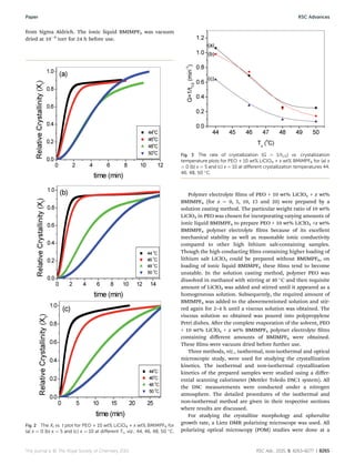 from Sigma Aldrich. The ionic liquid BMIMPF6 was vacuum
dried at 10À6
torr for 24 h before use.
Polymer electrolyte lms of PEO + 10 wt% LiClO4 + x wt%
BMIMPF6 (for x ¼ 0, 5, 10, 15 and 20) were prepared by a
solution casting method. The particular weight ratio of 10 wt%
LiClO4 in PEO was chosen for incorporating varying amounts of
ionic liquid BMIMPF6 to prepare PEO + 10 wt% LiClO4 +x wt%
BMIMPF6 polymer electrolyte lms because of its excellent
mechanical stability as well as reasonable ionic conductivity
compared to other high lithium salt-containing samples.
Though the high conducting lms containing higher loading of
lithium salt LiClO4 could be prepared without BMIMPF6, on
loading of ionic liquid BMIMPF6 these lms tend to become
unstable. In the solution casting method, polymer PEO was
dissolved in methanol with stirring at 40 
C and then requisite
amount of LiClO4 was added and stirred until it appeared as a
homogeneous solution. Subsequently, the required amount of
BMIMPF6 was added to the abovementioned solution and stir-
red again for 2–4 h until a viscous solution was obtained. The
viscous solution so obtained was poured into polypropylene
Petri dishes. Aer the complete evaporation of the solvent, PEO
+ 10 wt% LiClO4 + x wt% BMIMPF6 polymer electrolyte lms
containing diﬀerent amounts of BMIMPF6 were obtained.
These lms were vacuum dried before further use.
Three methods, viz., isothermal, non-isothermal and optical
microscopic study, were used for studying the crystallization
kinetics. The isothermal and non-isothermal crystallization
kinetics of the prepared samples were studied using a diﬀer-
ential scanning calorimeter (Mettler Toledo DSC1 system). All
the DSC measurements were conducted under a nitrogen
atmosphere. The detailed procedures of the isothermal and
non-isothermal method are given in their respective sections
where results are discussed.
For studying the crystalline morphology and spherulite
growth rate, a Lietz DMR polarizing microscope was used. All
polarizing optical microscopy (POM) studies were done at a
Fig. 2 The Xt vs. t plot for PEO + 10 wt% LiClO4 + x wt% BMIMPF6 for
(a) x ¼ 0 (b) x ¼ 5 and (c) x ¼ 10 at diﬀerent Tc, viz., 44, 46, 48, 50 
C.
Fig. 3 The rate of crystallization (G ¼ 1/t1/2) vs. crystallization
temperature plots for PEO + 10 wt% LiClO4 + x wt% BMIMPF6 for (a) x
¼ 0 (b) x ¼ 5 and (c) x ¼ 10 at diﬀerent crystallization temperatures 44,
46, 48, 50 
C.
This journal is © The Royal Society of Chemistry 2015 RSC Adv., 2015, 5, 8263–8277 | 8265
Paper RSC Advances
 