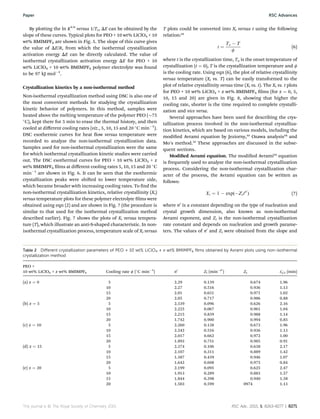 By plotting the ln K1/n
versus 1/Tc, DE can be obtained by the
slope of these curves. Typical plots for PEO + 10 wt% LiClO4 + 10
wt% BMIMPF6 are shown in Fig. 5. The slope of this curve gives
the value of DE/R, from which the isothermal crystallization
activation energy DE can be directly calculated. The value of
isothermal crystallization activation energy DE for PEO + 10
wt% LiClO4 + 10 wt% BMIMPF6 polymer electrolyte was found
to be 97 kJ molÀ1
.
Crystallization kinetics by a non-isothermal method
Non-isothermal crystallization method using DSC is also one of
the most convenient methods for studying the crystallization
kinetic behavior of polymers. In this method, samples were
heated above the melting temperature of the polymer PEO ($75

C), kept there for 5 min to erase the thermal history, and then
cooled at diﬀerent cooling rates (viz., 5, 10, 15 and 20 
C minÀ1
).
DSC exothermic curves for heat ow versus temperature were
recorded to analyze the non-isothermal crystallization data.
Samples used for non-isothermal crystallization were the same
for which isothermal crystallization kinetic studies were carried
out. The DSC exothermal curves for PEO + 10 wt% LiClO4 + x
wt% BMIMPF6 lms at diﬀerent cooling rates 5, 10, 15 and 20 
C
minÀ1
are shown in Fig. 6. It can be seen that the exothermic
crystallization peaks were shied to lower temperature side,
which became broader with increasing cooling rates. To nd the
non-isothermal crystallization kinetics, relative crystallinity (Xt)
versus temperature plots for these polymer electrolyte lms were
obtained using eqn (2) and are shown in Fig. 7 (the procedure is
similar to that used for the isothermal crystallization method
described earlier). Fig. 7 shows the plots of Xt versus tempera-
ture (T), which illustrate an anti-S-shaped characteristic. In non-
isothermal crystallization process, temperature scale of Xt versus
T plots could be converted into Xt versus t using the following
relation:52
t ¼
To À T
f
(6)
where t is the crystallization time, To is the onset temperature of
crystallization (t ¼ 0), T is the crystallization temperature and f
is the cooling rate. Using eqn (6), the plot of relative crystallinity
versus temperature (Xt vs. T) can be easily transformed to the
plot of relative crystallinity versus time (Xt vs. t). The Xt vs. t plots
for PEO + 10 wt% LiClO4 + x wt% BMIMPF6 lms (for x ¼ 0, 5,
10, 15 and 20) are given in Fig. 8, showing that higher the
cooling rate, shorter is the time required to complete crystalli-
zation and vice versa.
Several approaches have been used for describing the crys-
tallization process involved in the non-isothermal crystalliza-
tion kinetics, which are based on various models, including the
modied Avrami equation by Jeziorny,53
Ozawa analysis54
and
Mo's method.55
These approaches are discussed in the subse-
quent sections.
Modied Avrami equation. The modied Avrami53
equation
is frequently used to analyze the non-isothermal crystallization
process. Considering the non-isothermal crystallization char-
acter of the process, the Avrami equation can be written as
follows:
Xt ¼ 1 À exp(ÀZttn0
) (7)
where n0
is a constant depending on the type of nucleation and
crystal growth dimension, also known as non-isothermal
Avrami exponent, and Zt is the non-isothermal crystallization
rate constant and depends on nucleation and growth parame-
ters. The values of n0
and Zt were obtained from the slope and
Table 2 Diﬀerent crystallization parameters of PEO + 10 wt% LiClO4 + x wt% BMIMPF6 ﬁlms obtained by Avrami plots using non-isothermal
crystallization method
PEO +
10 wt% LiClO4 + x wt% BMIMPF6 Cooling rate f (
C minÀ1
) n0
Zt (minÀn0
) Zc t0
1/2 (min)
(a) x ¼ 0 5 2.29 0.139 0.674 1.96
10 2.27 0.516 0.936 1.13
15 2.01 0.651 0.971 1.02
20 2.05 0.717 0.986 0.88
(b) x ¼ 5 5 2.539 0.096 0.626 2.16
10 2.225 0.067 0.961 1.04
15 2.215 0.839 0.988 1.14
20 1.742 0.900 0.994 0.85
(c) x ¼ 10 5 2.260 0.138 0.673 1.96
10 2.242 0.516 0.936 1.13
15 2.017 0.662 0.972 1.00
20 1.893 0.751 0.985 0.91
(d) x ¼ 15 5 2.374 0.106 0.638 2.17
10 2.107 0.311 0.889 1.42
15 1.387 0.439 0.946 1.07
20 1.642 0.608 0.975 0.84
(e) x ¼ 20 5 2.199 0.095 0.625 2.47
10 1.913 0.289 0.883 1.57
15 1.844 0.398 0.940 1.38
20 1.503 0.599 0974 1.13
This journal is © The Royal Society of Chemistry 2015 RSC Adv., 2015, 5, 8263–8277 | 8271
Paper RSC Advances
 